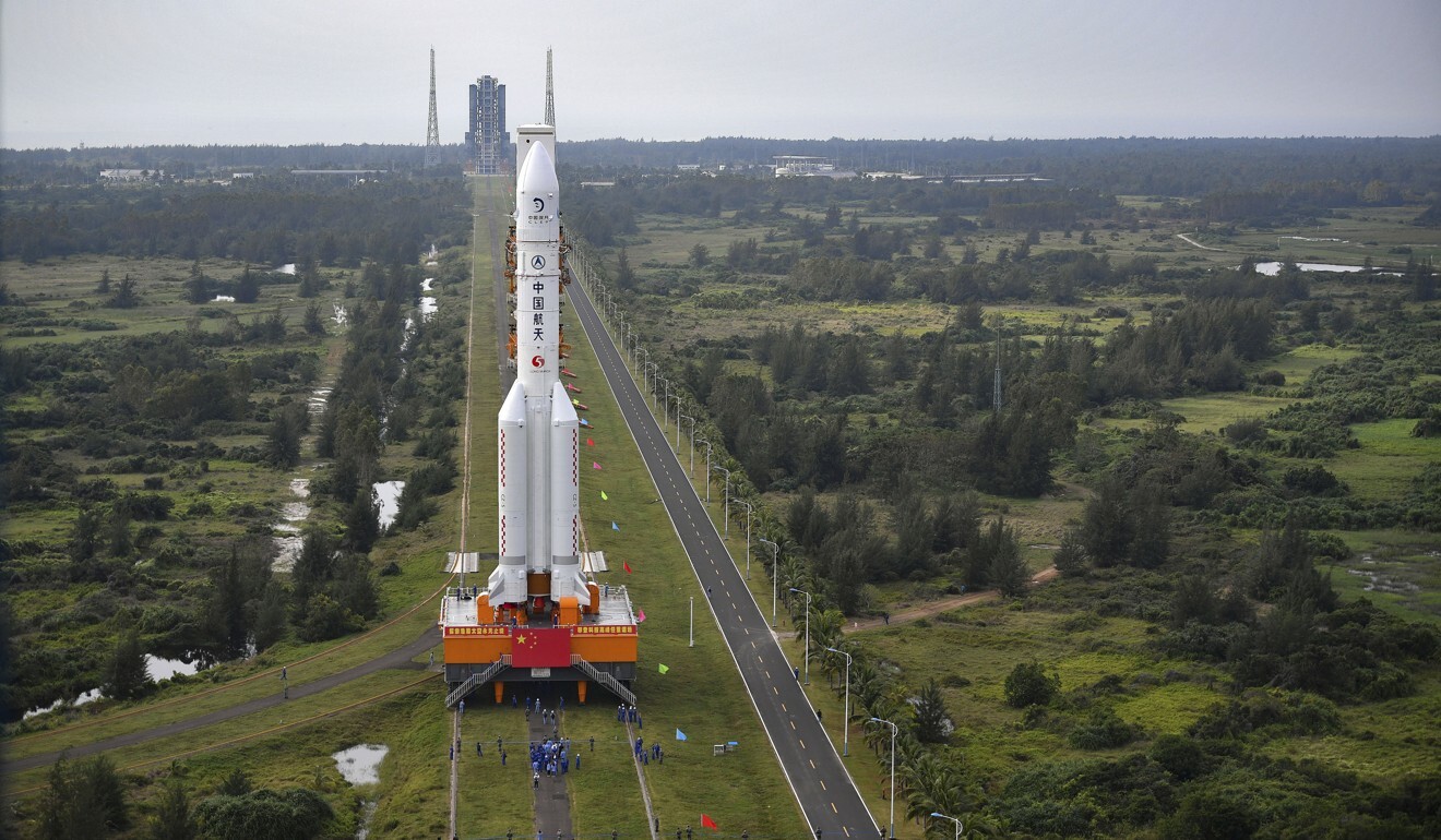A Long March-5 rocket is moved at the Wenchang Space Launch Site in China's Hainan Province. Photo: Xinhua via AP