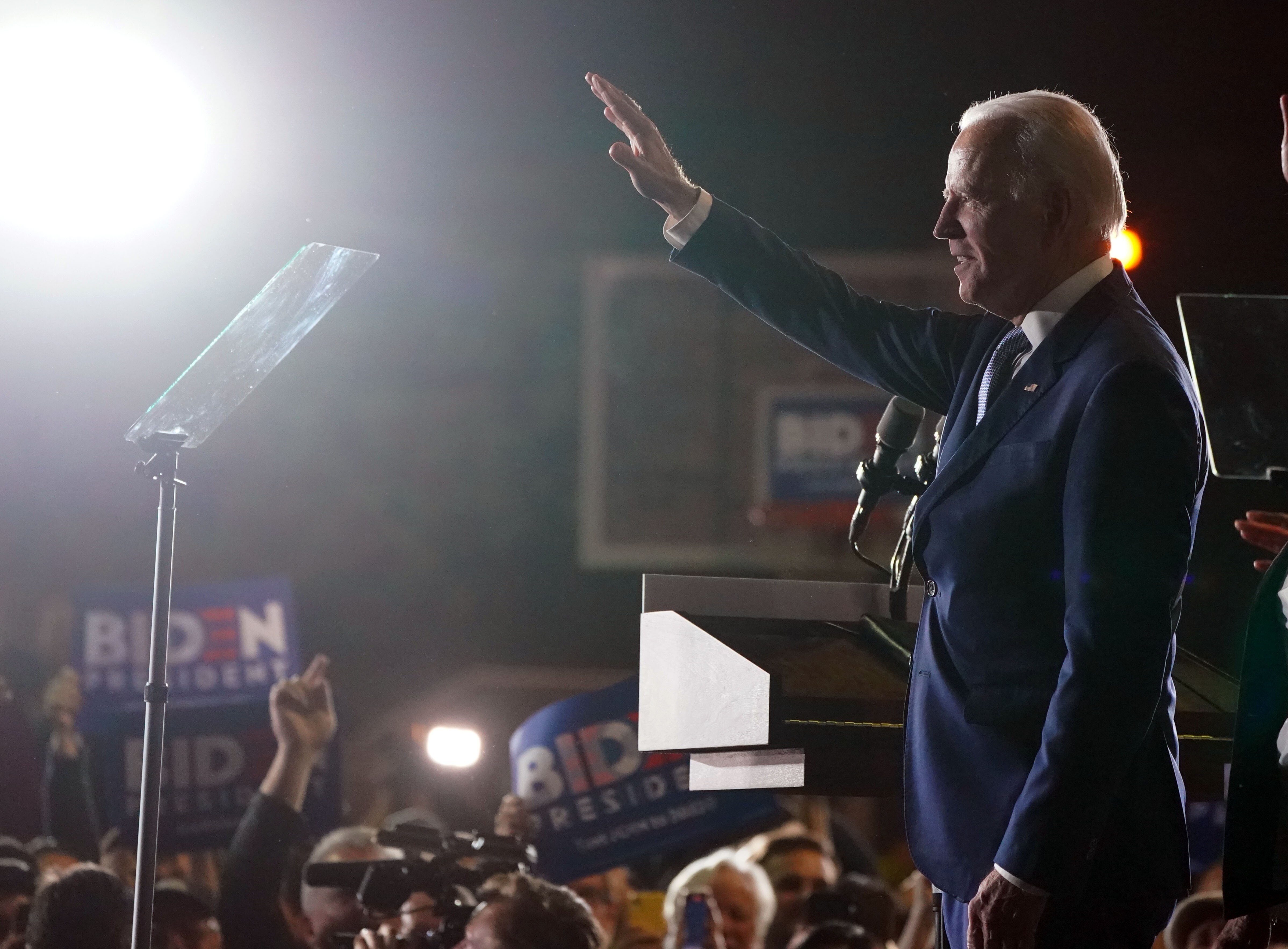 Joe Biden, then a Democrat election candidate, waves to supporters at a rally on Super Tuesday primary election night at the Baldwin Hills Recreation Centre in Los Angeles on March 3. Biden won the US presidential election after doing something almost no other major presidential candidate has done on the campaign trail: he promised to raise taxes. Photo: PDA