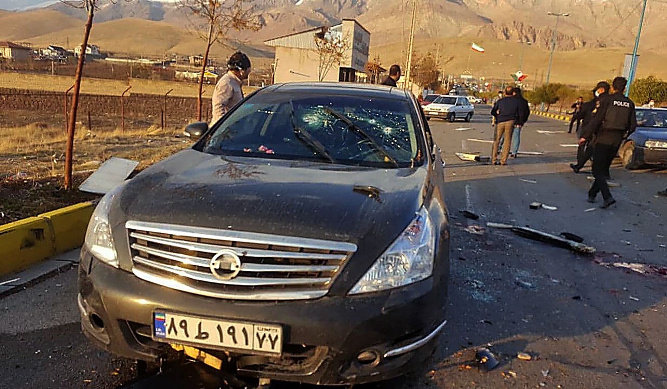 The damaged car of Iranian nuclear scientist Mohsen Fakhrizadeh after it was attacked near Tehran. Photo: IRIB/AFP