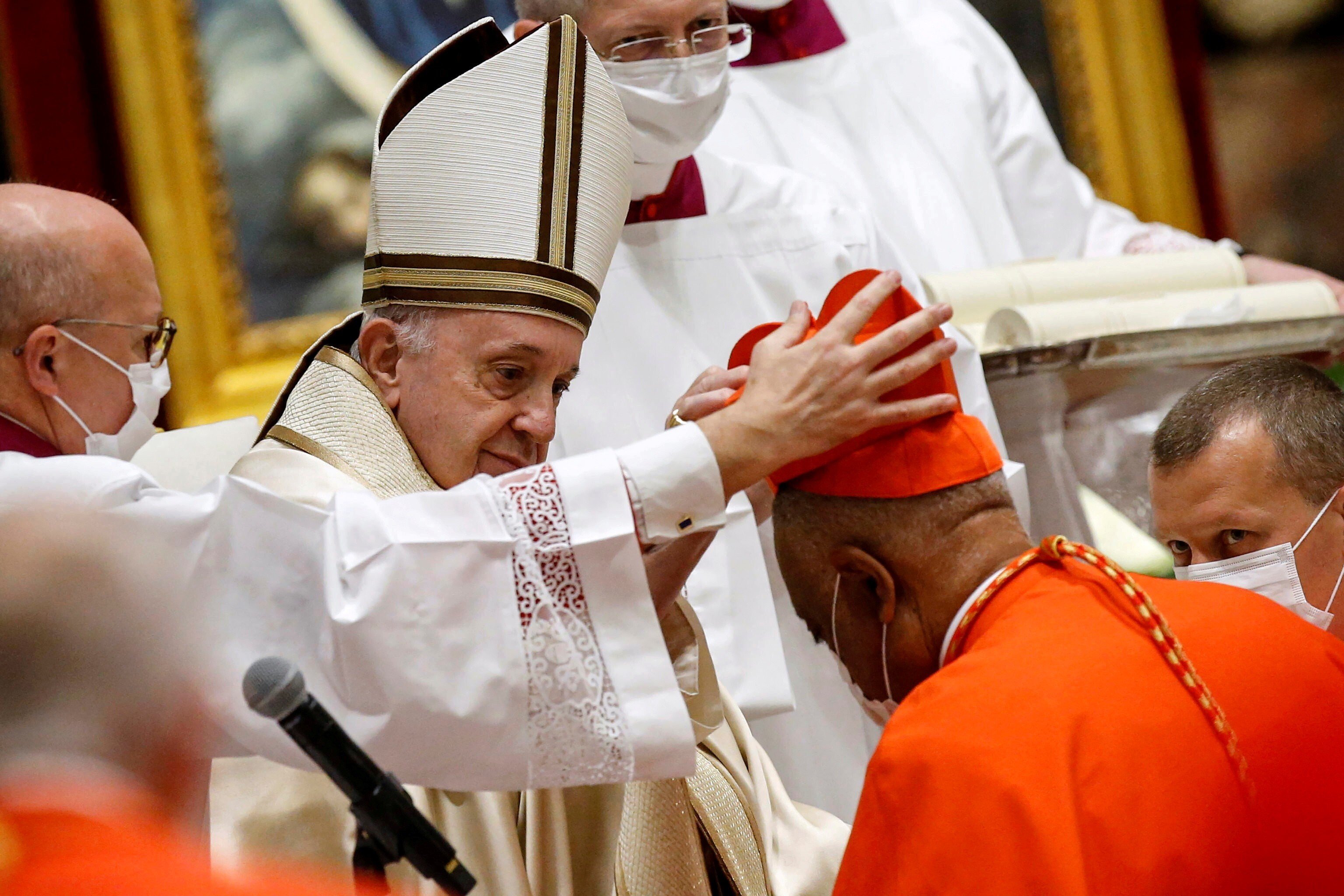 Wilton D. Gregory receives his biretta as he is appointed cardinal by Pope Francis on Saturday. Photo: Reuters