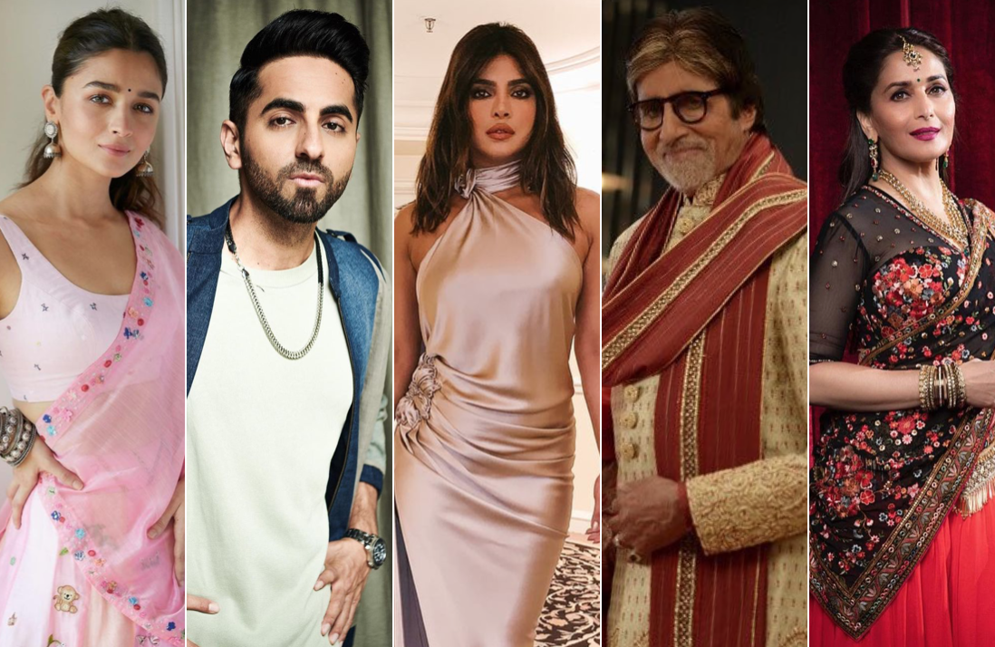 Songbirds Alia Bhatt, Ayushmann Khurrana, Priyanka Chopra, Amitabh Bachchan and Madhuri Dixit. Photos: @aliaabhatt; @ayushmannk; @priyankachopra; @amitabhbachchan; @madhuridixitnene/Instagram