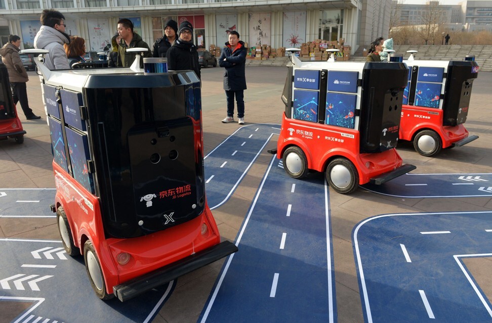 JD.com’s driverless delivery vehicles. Photo: AFP