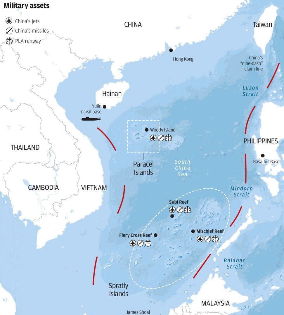 Bản đồ các cơ sở quân sự lớn bên trong các phần mà Trung Quốc tuyên bố chủ quyền ở Biển Đông. Đồ họa: SCMP