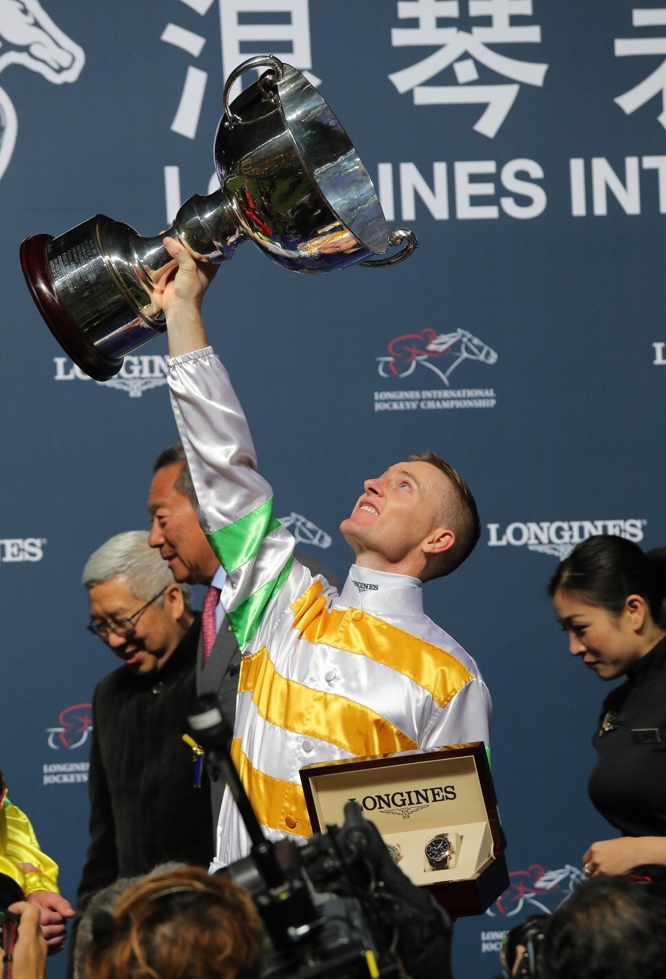 Zac Purton celebrates winning the 2017 International Jockeys' Championship.