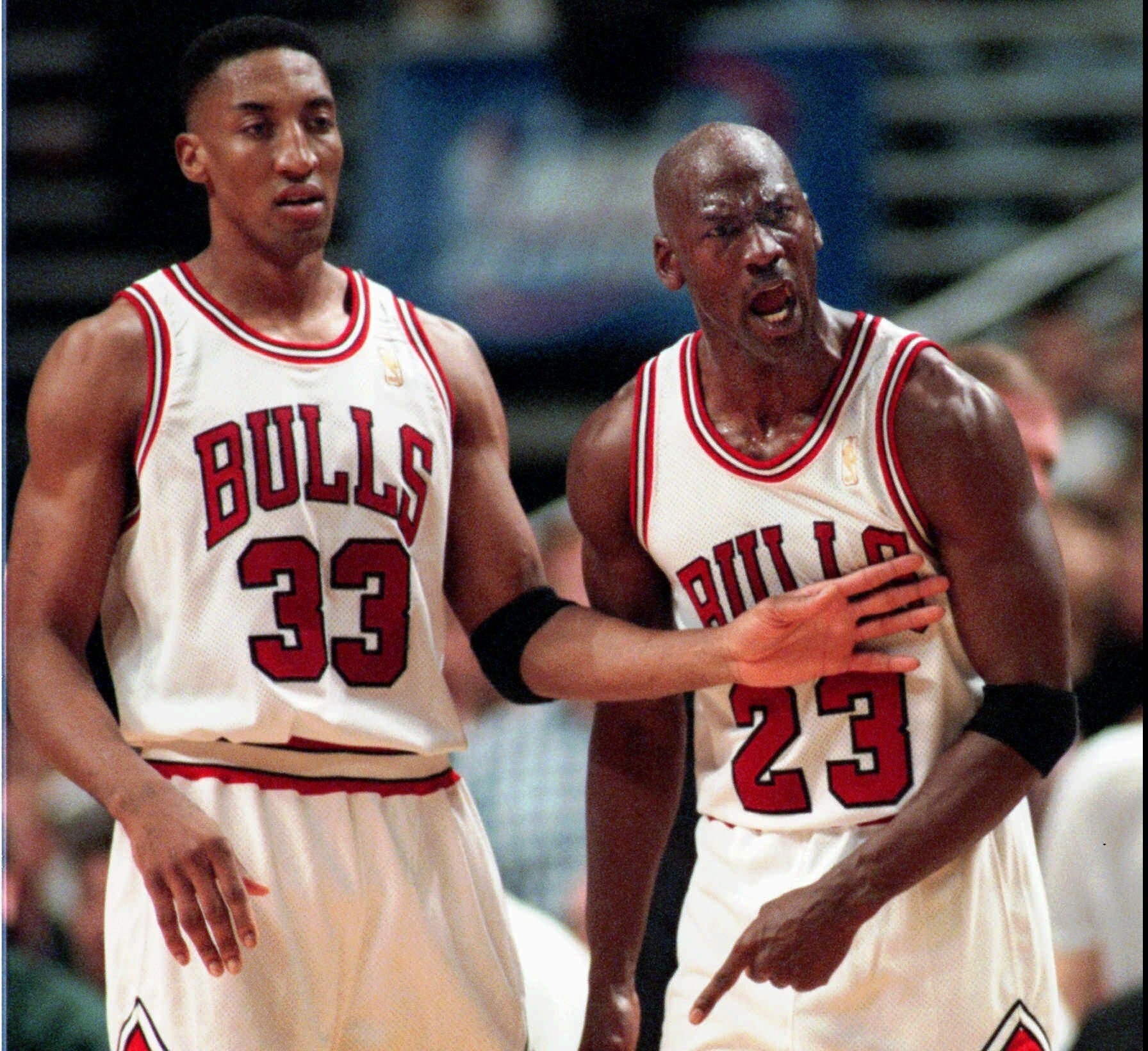 Chicago Bulls stars Scottie Pippen and Michael Jordan in NBA action in 1997. Photo: AP