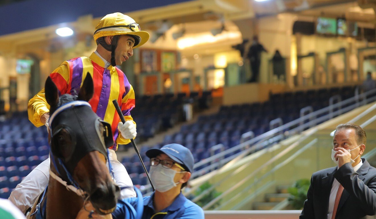 Caspar Fownes with Joao Moreira after Royal Racer’s win at Happy Valley.