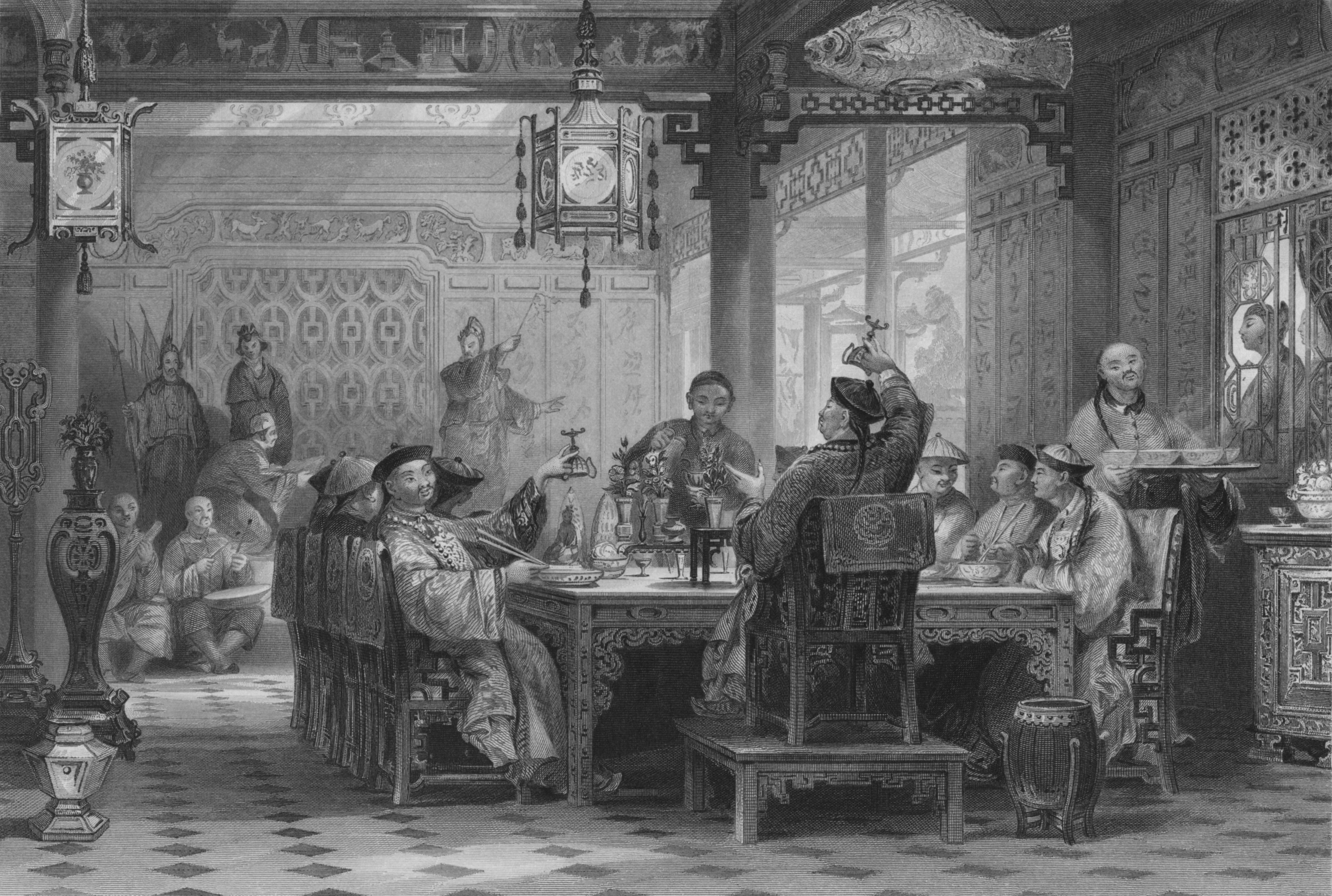 Dinner Party at a Mandarin’s House (1843) by G Paterson. Toasting has long been an important part of Chinese culture. Image: Getty Images