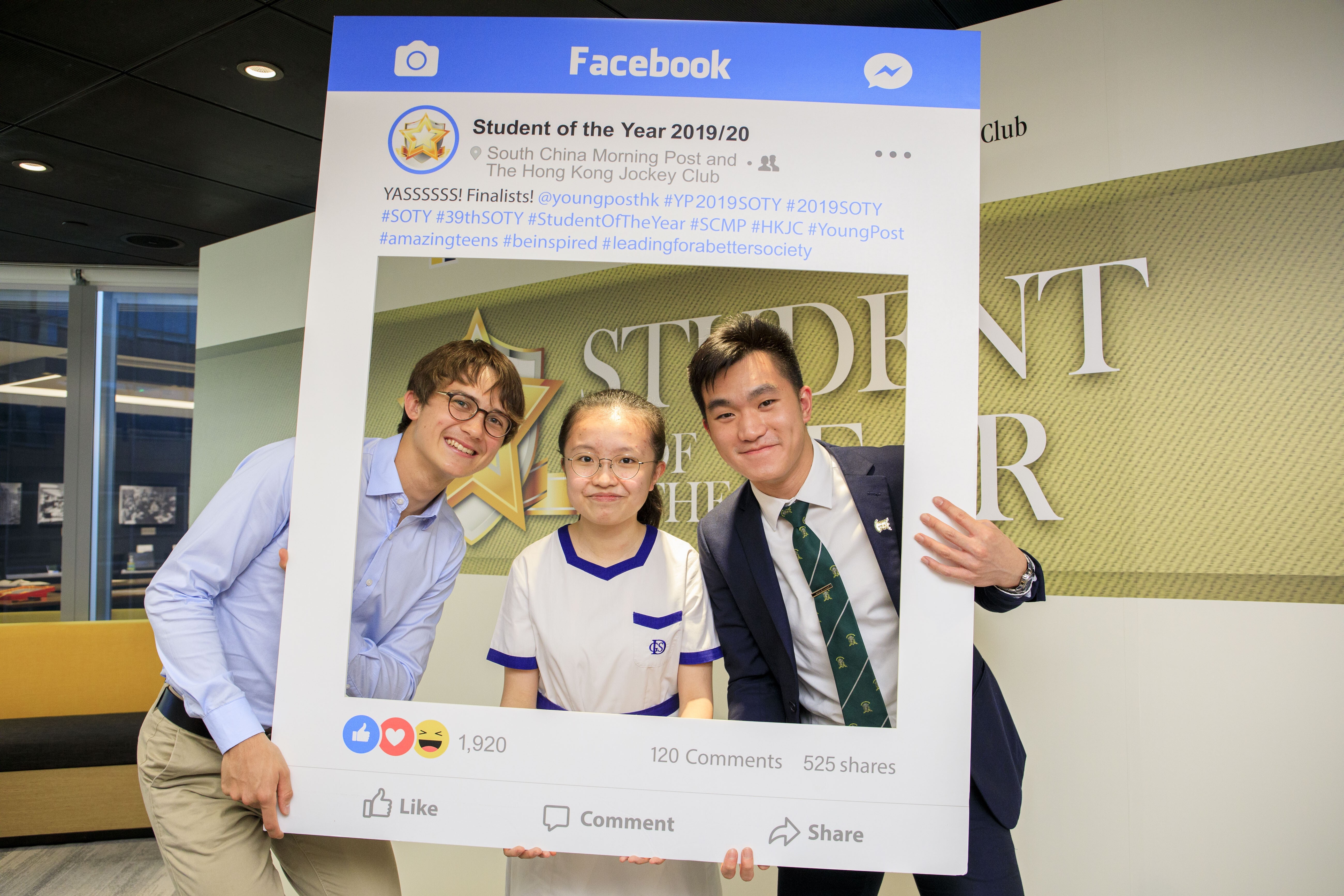 SOTY grand prize winner Dylan Robinson of German Swiss International School poses with first runner-up Katrina Liu Tin-nam, of Diocesan Girls’ School, and second runner-up Benjamin Chan, of St Joseph’s College.