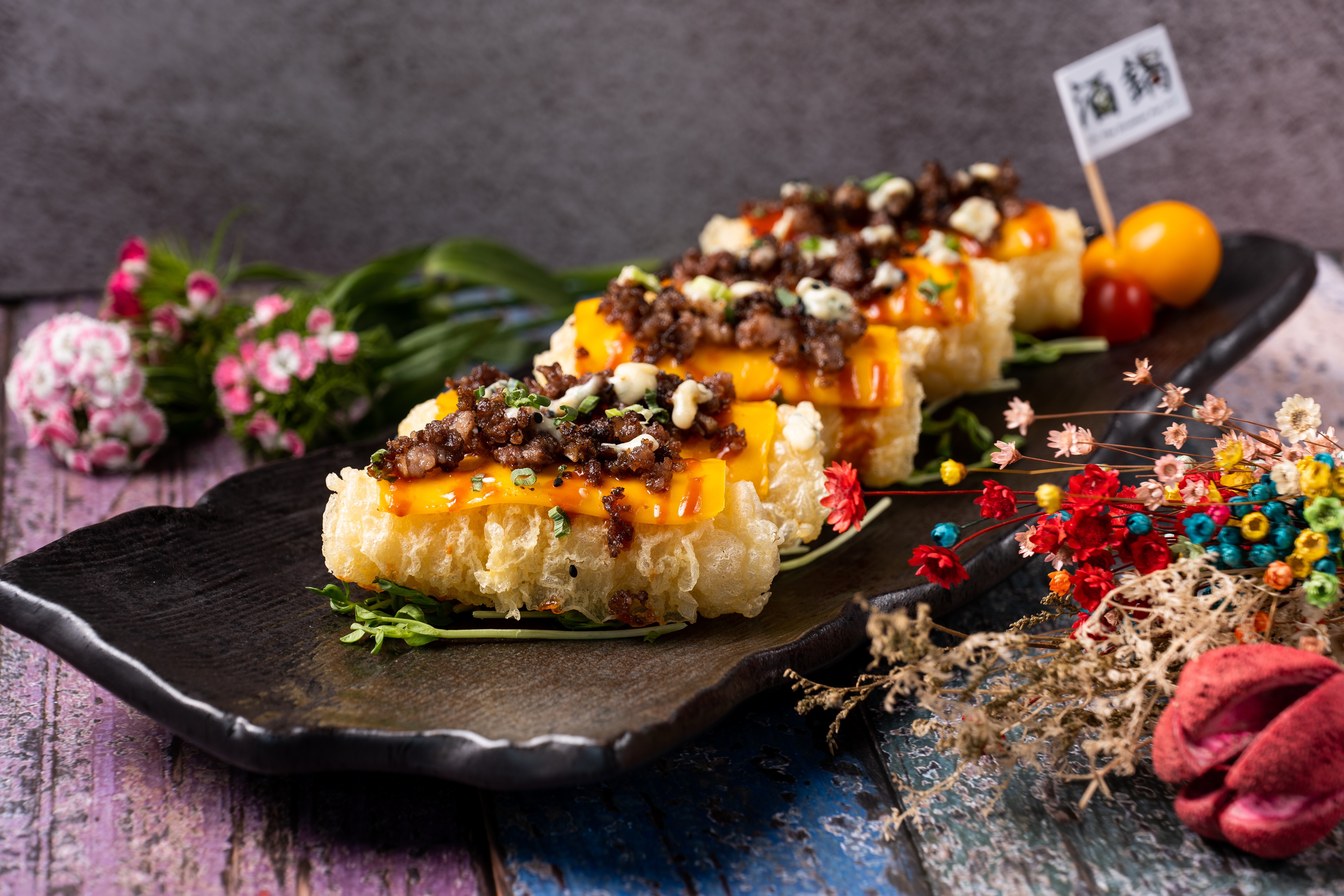 Drunken Pot’s deep-fried home-made bean curd roll with beef and cheese. Photo: handout