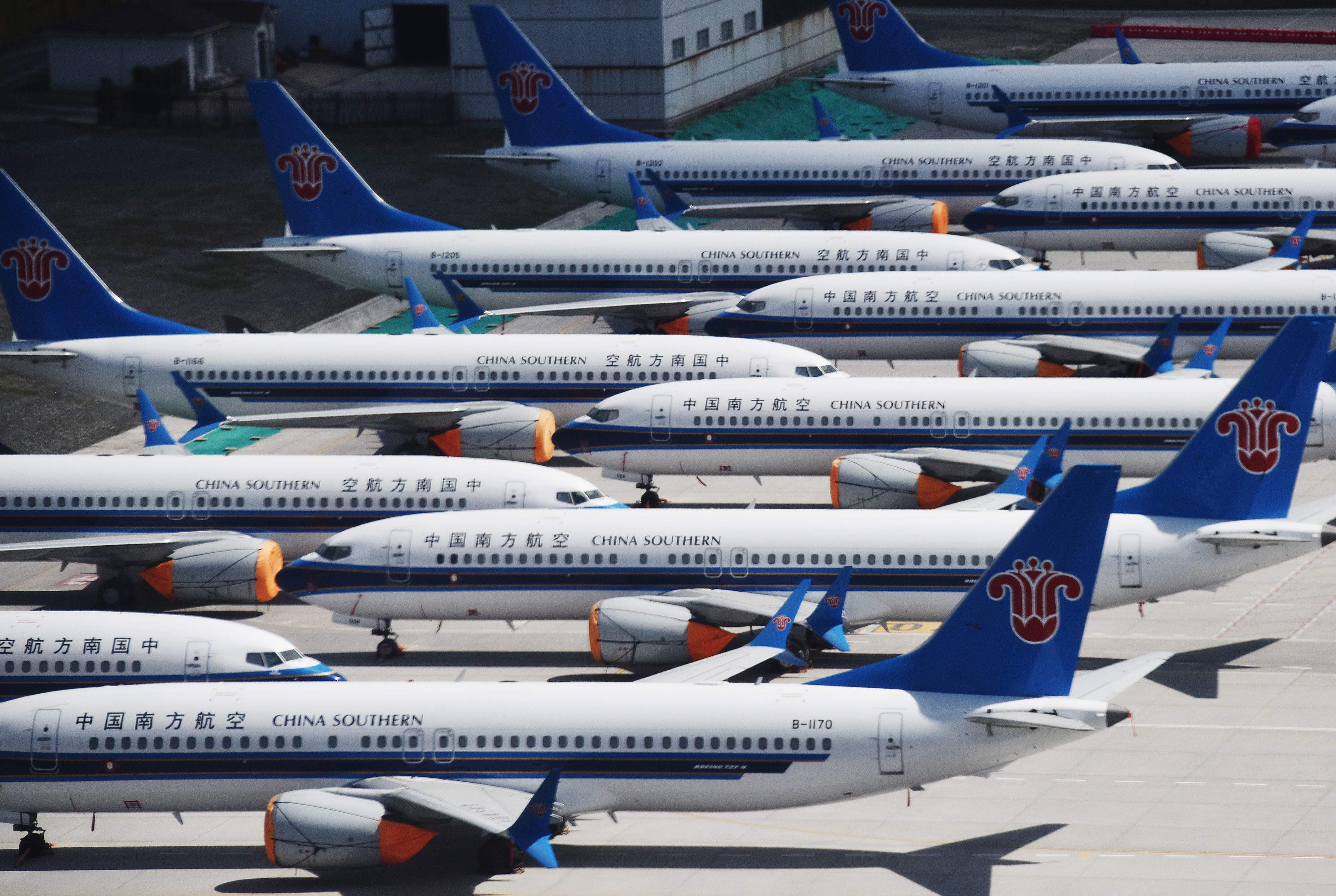 China Southern Airlines Boeing 737 MAX aircraft parked in a line at Urumqi airport, in China's western Xinjiiang region. Photo: AFP