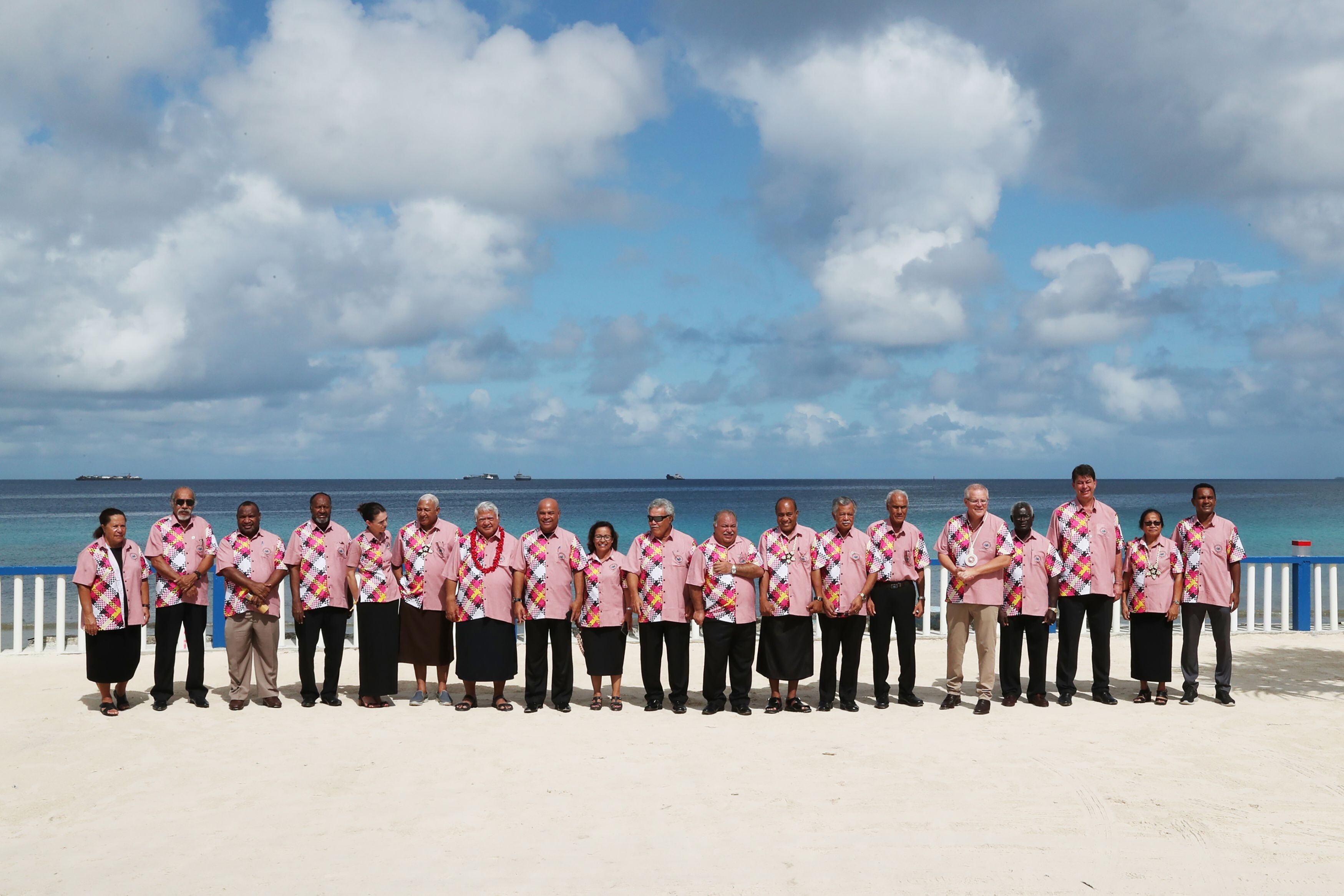 Australia’s Prime Minister Scott Morrison (fifth from right) poses for a group photo with other leaders on the sidelines of the Pacific Islands Forum in Tuvalu on August 15, 2019. Photo: AFP/Australian Prime Minister’s Office