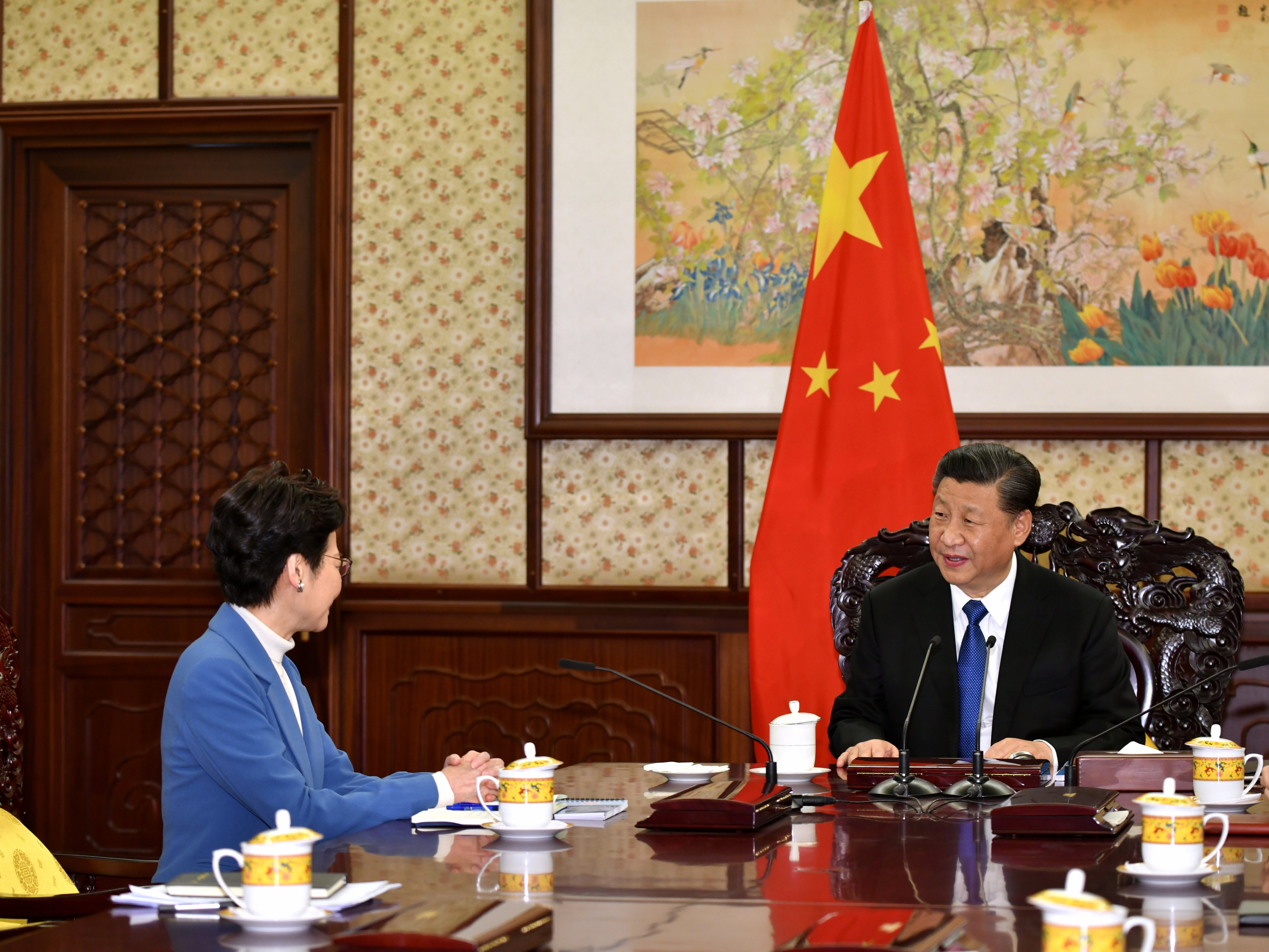 Carrie Lam sits down with Xi Jinping during last year’s annual visit to Beijing. Photo: ISD