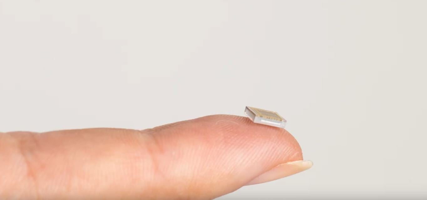 Elon Musk's start-up Neuralink showed this early version of a tiny sensor with hair-thin strands that could be implanted in a brain through a small incision. Photo: Handout