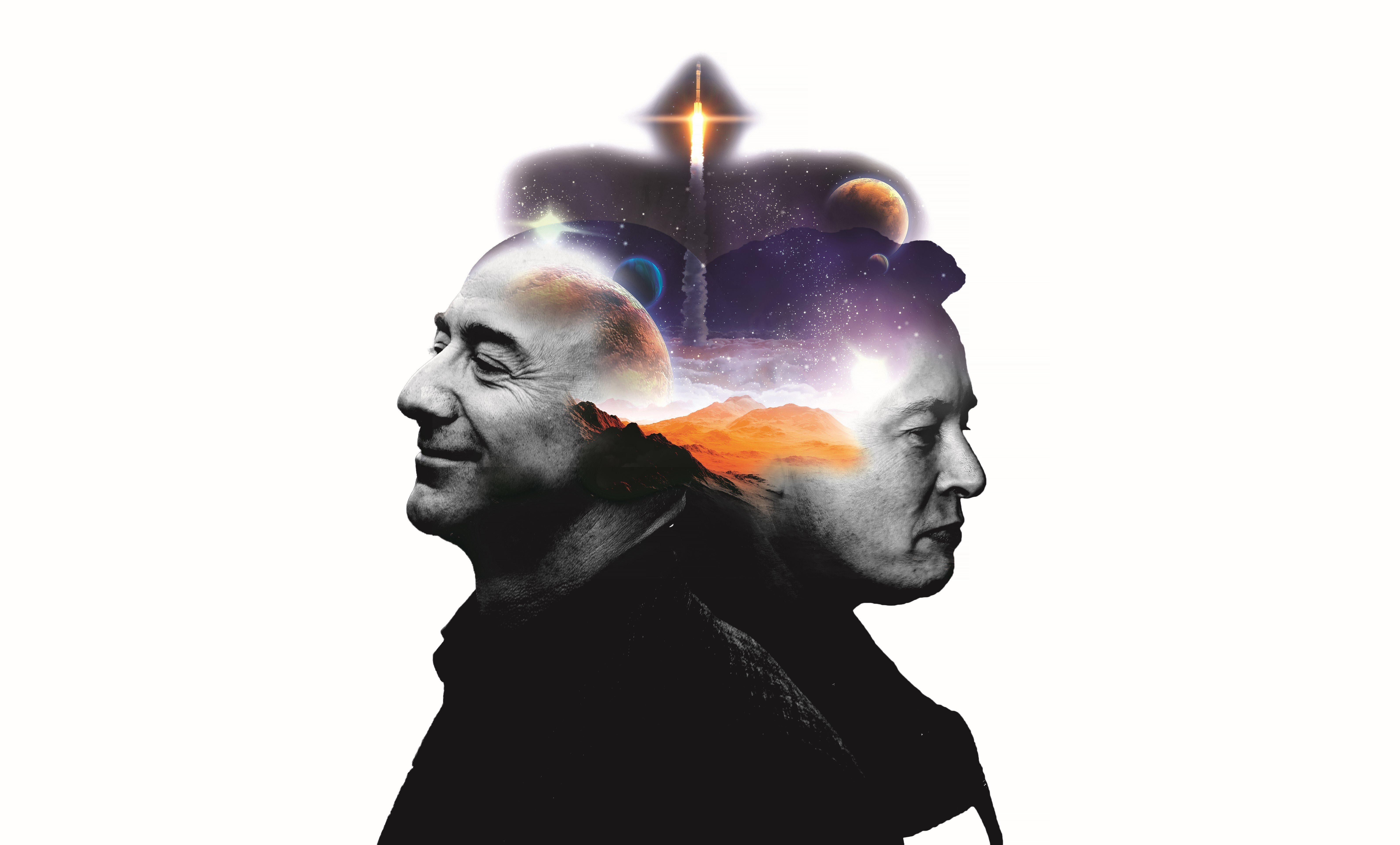 The modern space race: Jeff Bezos and Elon Musk are engaged in an extraterrestrial rivalry. Illustration: Mario Riviera