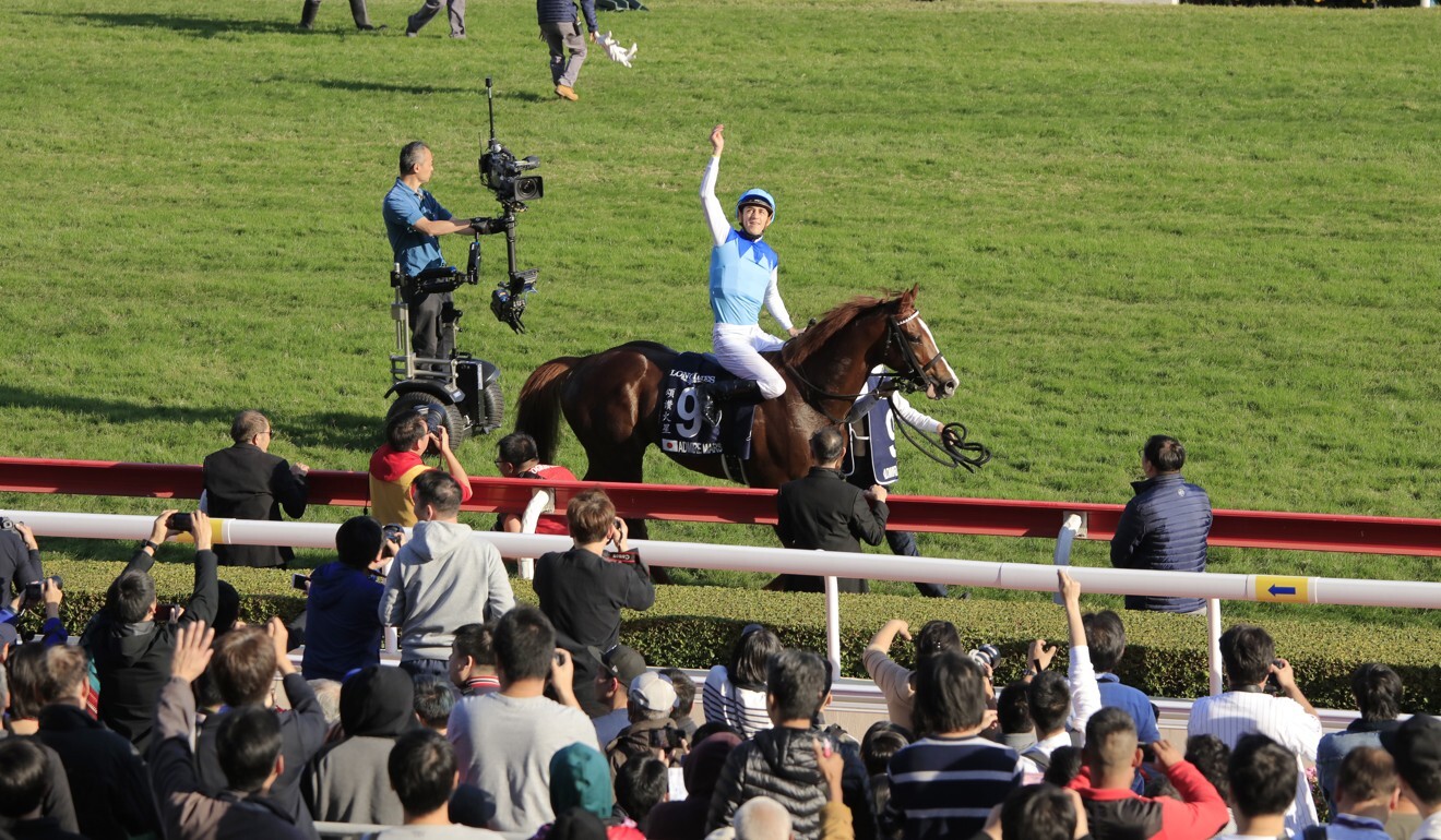 Christophe Soumillon celebrates his Hong Kong Mile win on Admire Mars last year.