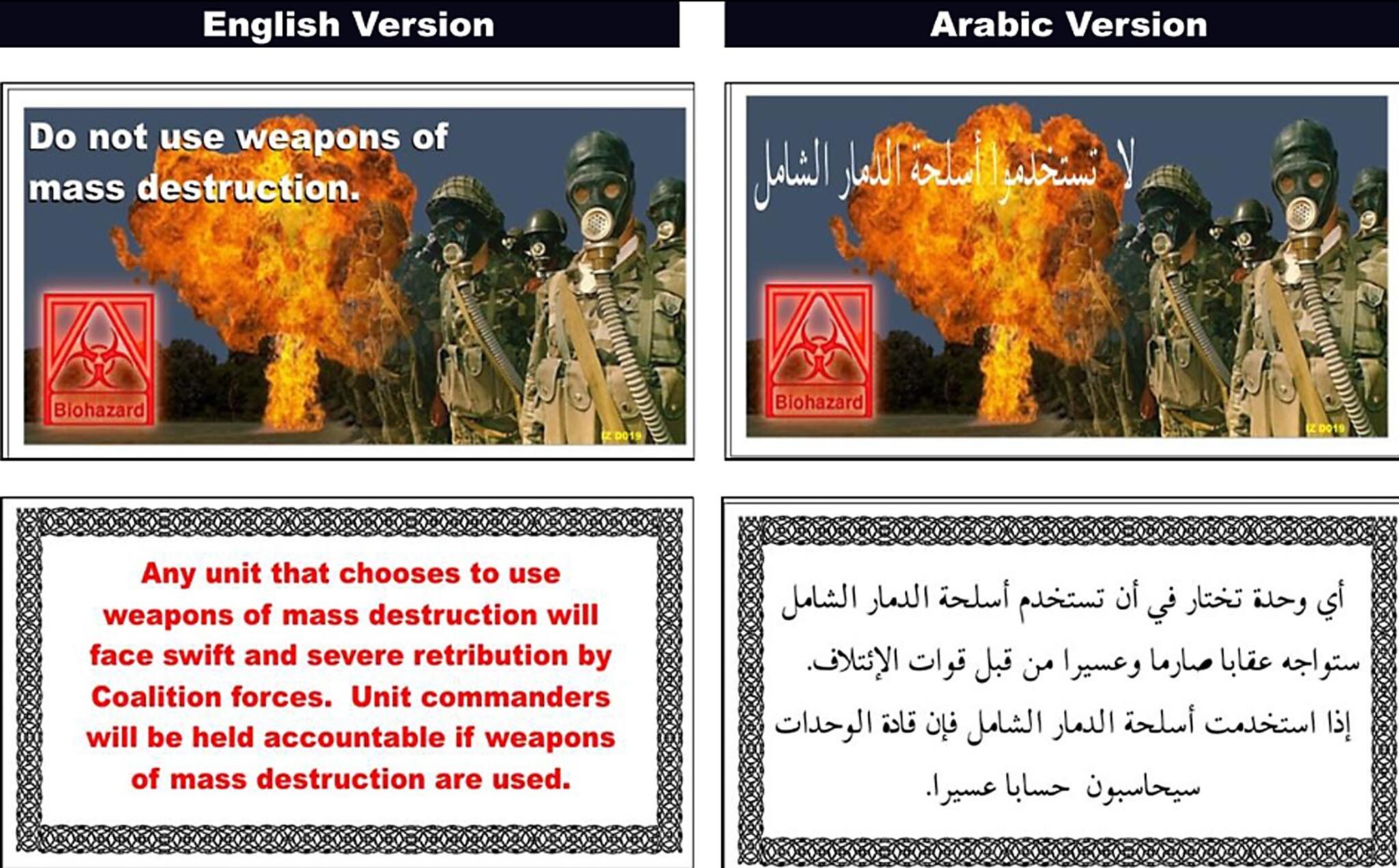 A US Department of Defence graphic from March 2003 shows an English and Arabic copy of a leaflet dropped over southern Iraq by coalition aircraft, warning Iraqi troops not to use weapons of mass destruction. Opinion is still divided on whether the deadly and devastating war, in which the United States, the UK and their allies invaded Iraq, supported by the media, was indeed caused by intelligence failure over Saddam Hussein’s WMD programme. Photo: AFP