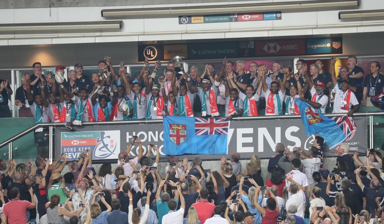 The Fijian team celebrate after winning the 2019 Cup final against France at Hong Kong Stadium. Photo: Winson Wong