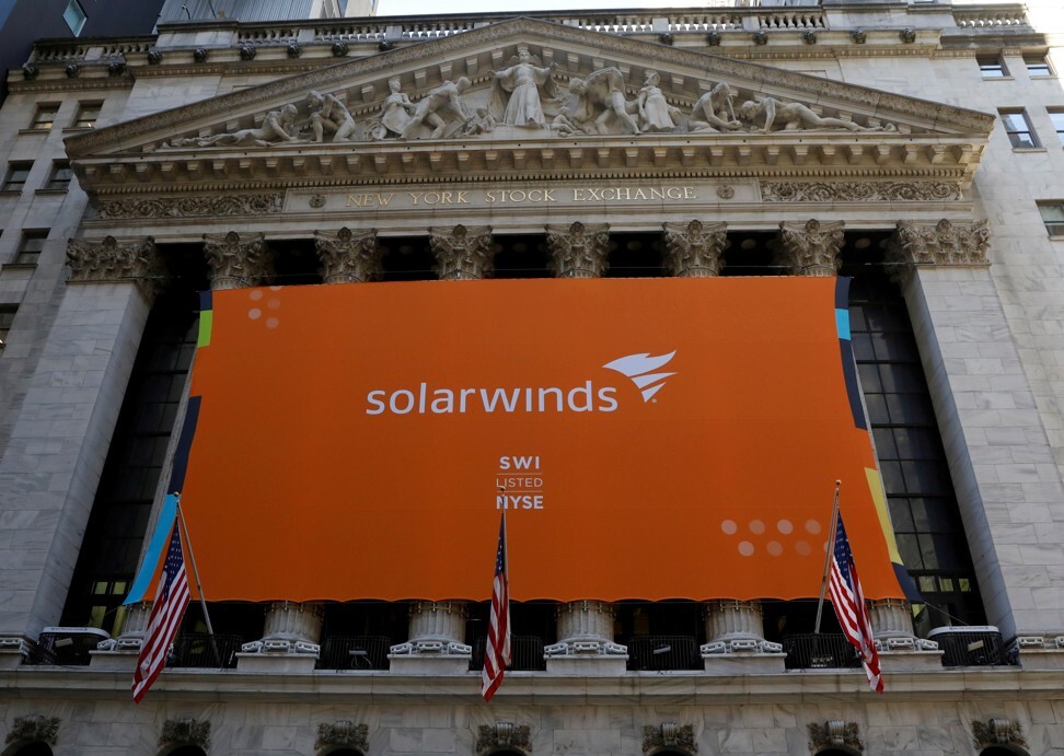 SolarWinds Corp banner hangs at the New York Stock Exchange. Photo: Reuters