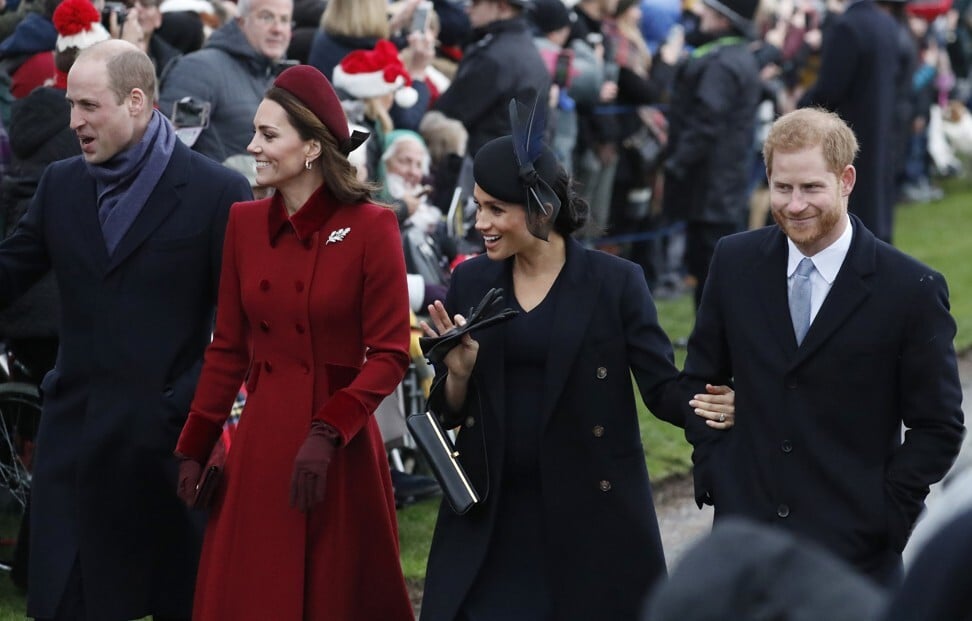 From left, Britain’s Prince William; Kate, Duchess of Cambridge; Meghan, Duchess of Sussex and Prince Harry at the 2018 Christmas Day service at St Mary Magdalene Church in Sandringham, Norfolk, England. Photo: AP