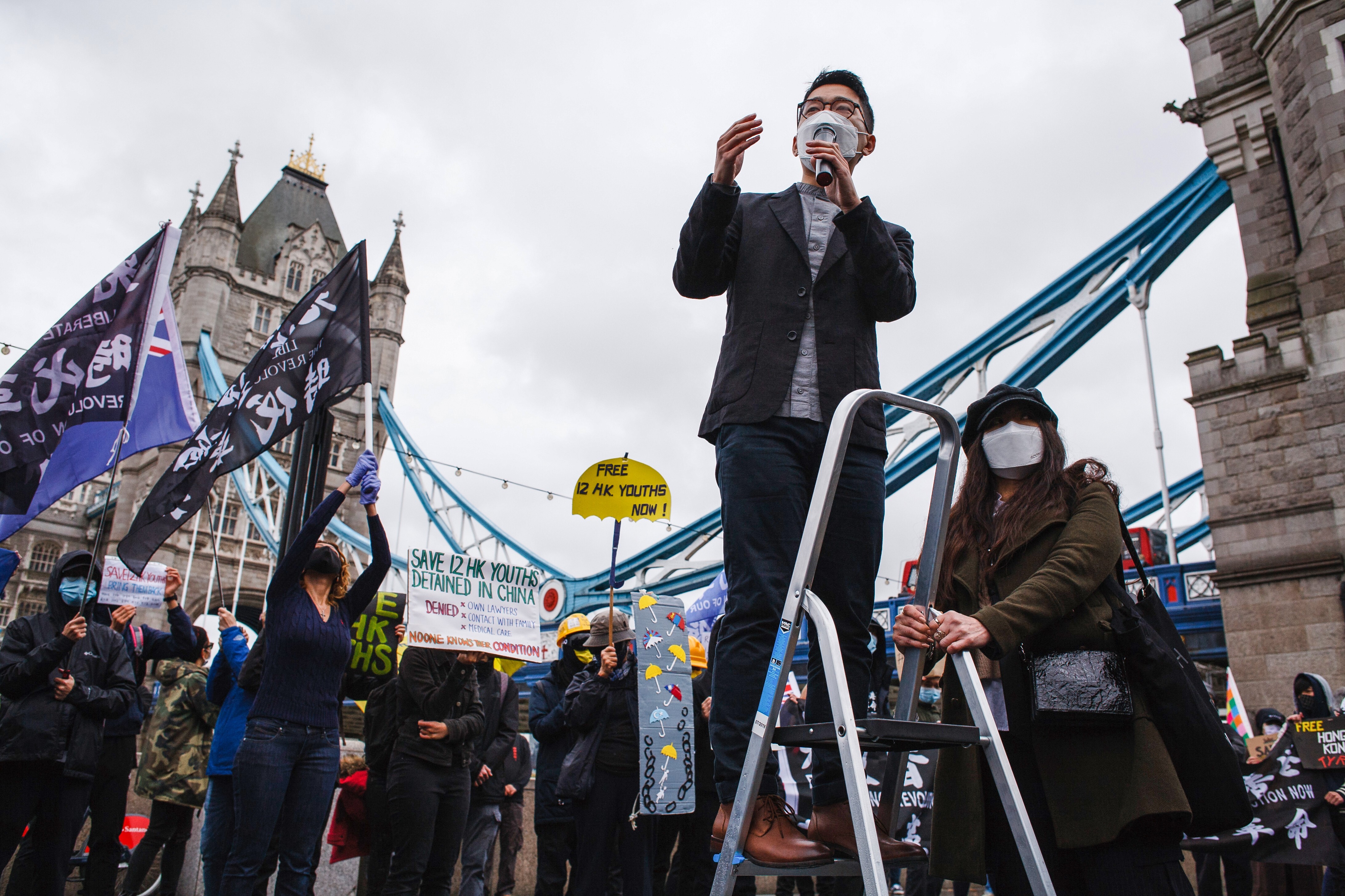 Exiled activist Nathan Law addresses a recent rally in London. Photo: NurPhoto via Getty Images