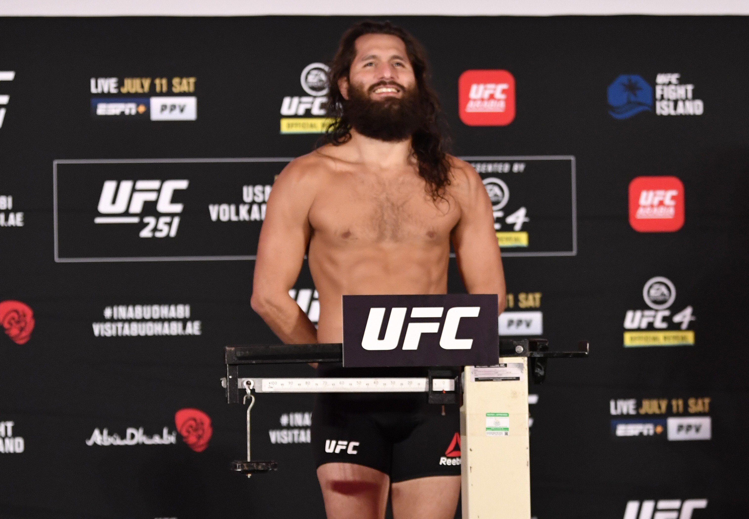 Jorge Masvidal poses on the scale during the UFC 251 official weigh-in inside Flash Forum at UFC Fight Island on July 10, 2020 on Yas Island Abu Dhabi, United Arab Emirates. Photo: Jeff Bottari/Zuffa LLC