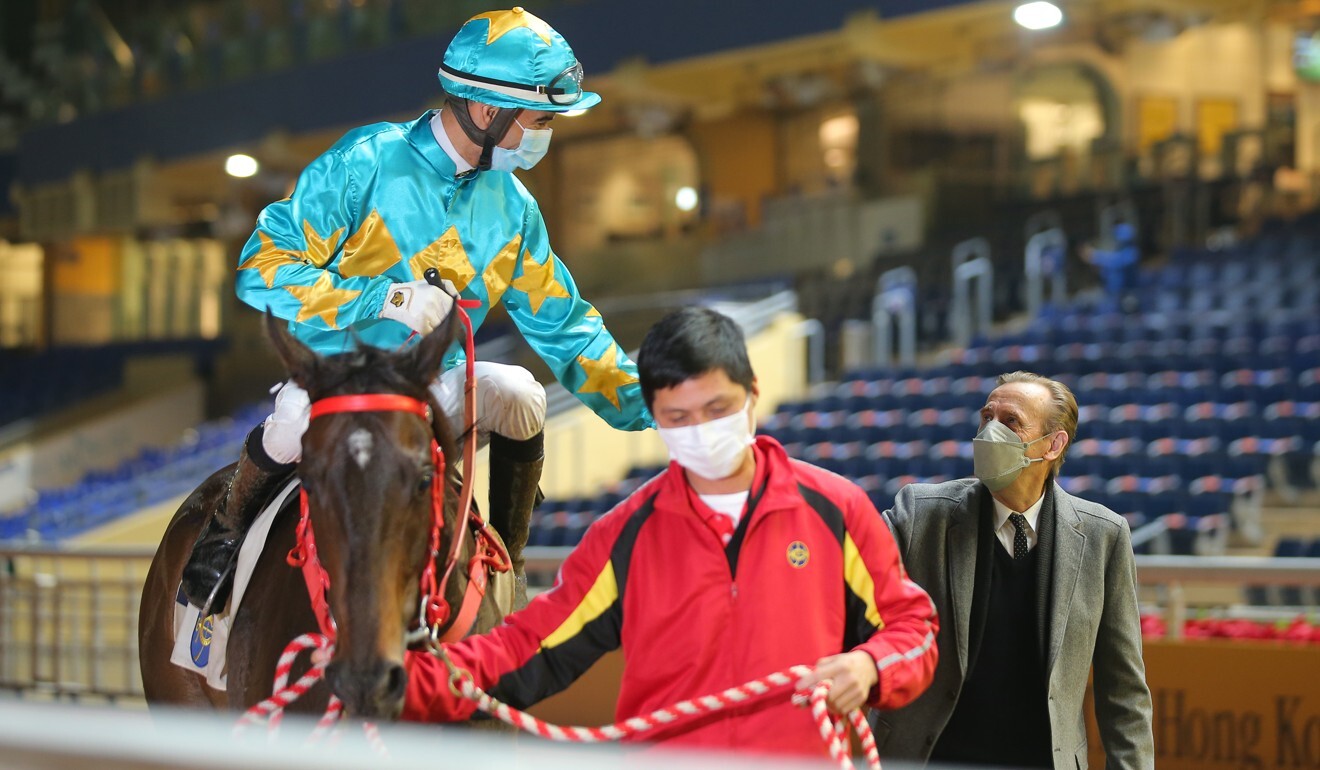 Joao Moreira and John Size celebrate Incanto Prepared’s win.