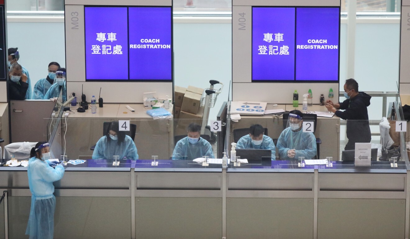 A counter at Hong Kong International Airport to organize transportation to designated quarantine hotels, a measure aimed at preventing imported infections.  Photo: Nora Tam