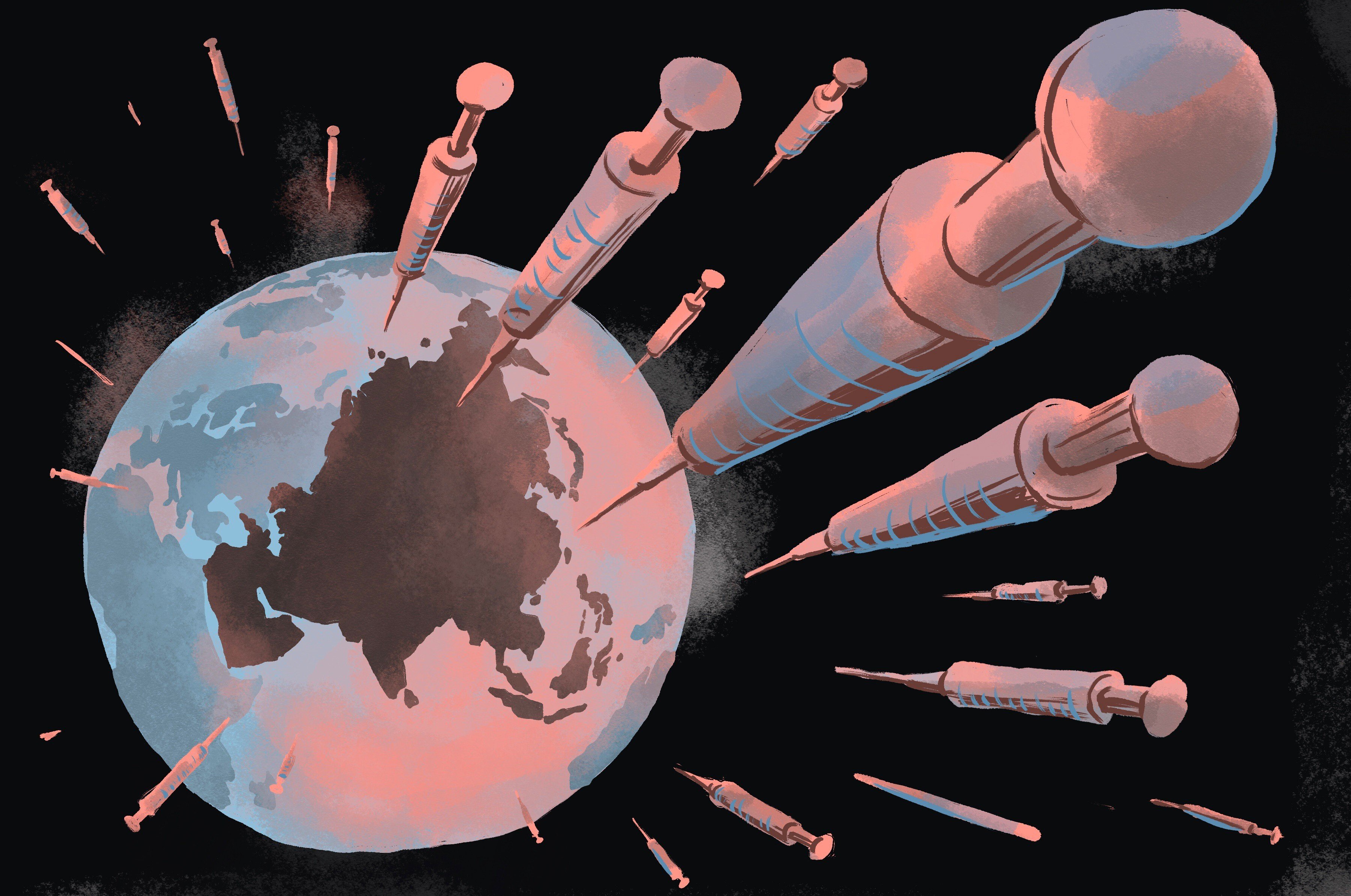 The challenges facing countries include procuring trusted vaccines for desperate populations, and also implementing efficient immunisation programmes. Illustration: Brian Wang