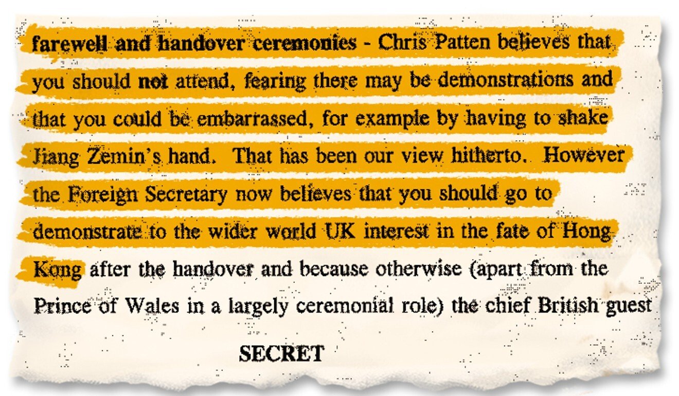 Newly declassified British files show that governor Chris Patten and then foreign secretary Malcolm Rifkind were divided on whether John Major should attend Hong Kong’s handover ceremony.
