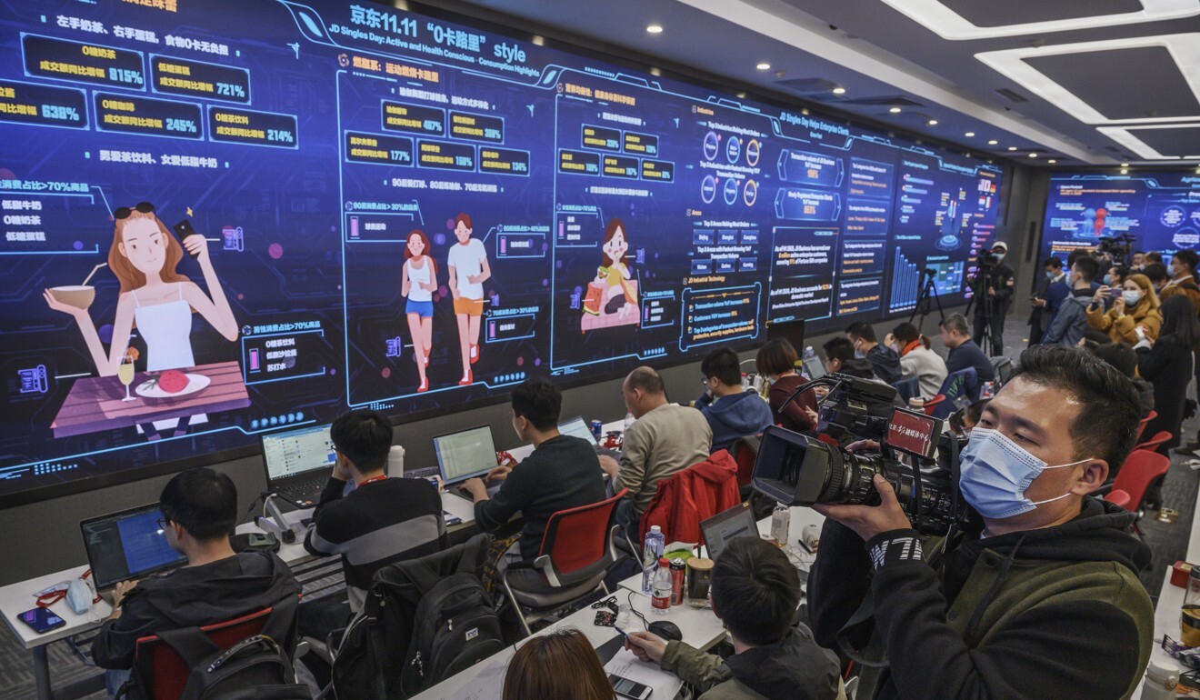 Workers from JD.com track sales and trends for Singles’ Day at the company’s headquarters during an organised tour on November 11 in Beijing. Photo: Getty Images