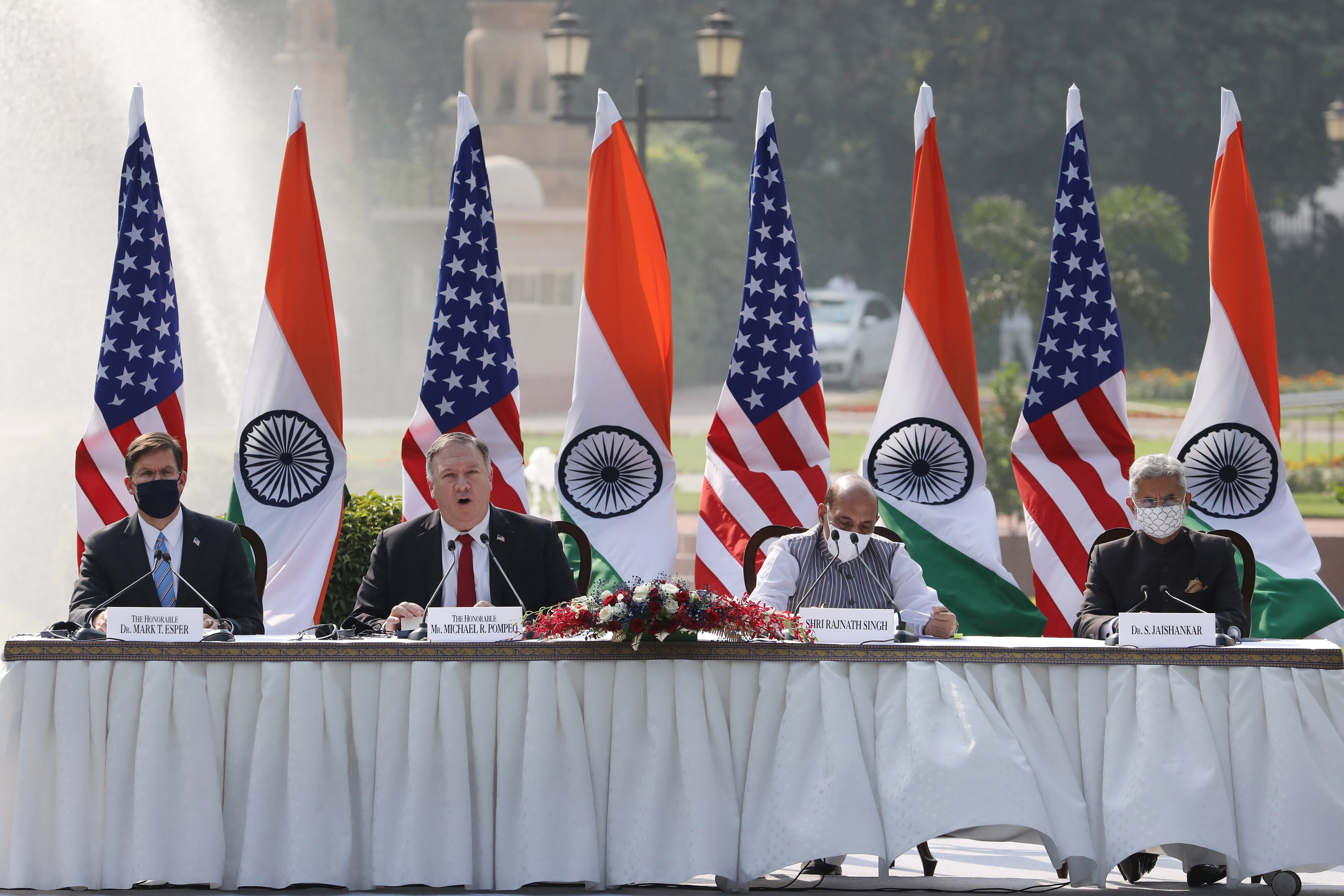 From left, then US defence secretary Mark Esper, US Secretary of State Michael Pompeo, Indian Defence Minister Rajnath Singh and Indian Foreign Minister Subrahmanyam Jaishankar attend a news conference at Hyderabad House in New Delhi on October 26. Photo: Bloomberg