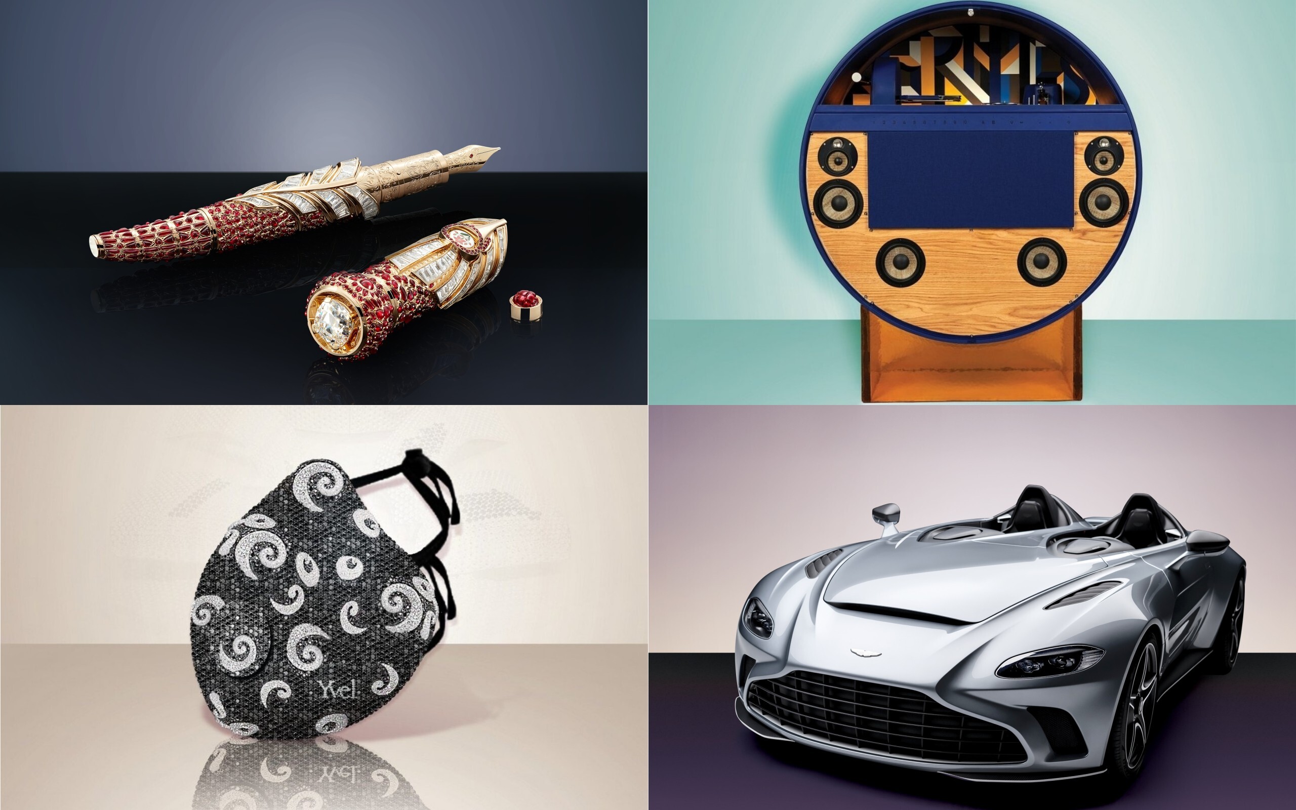 Clockwise from top left: Montblanc’s Insignia of Power pen; Hermès jukebox; Aston Martin’s V12 Speedster; diamond-encrusted face mask. Photos: Handouts