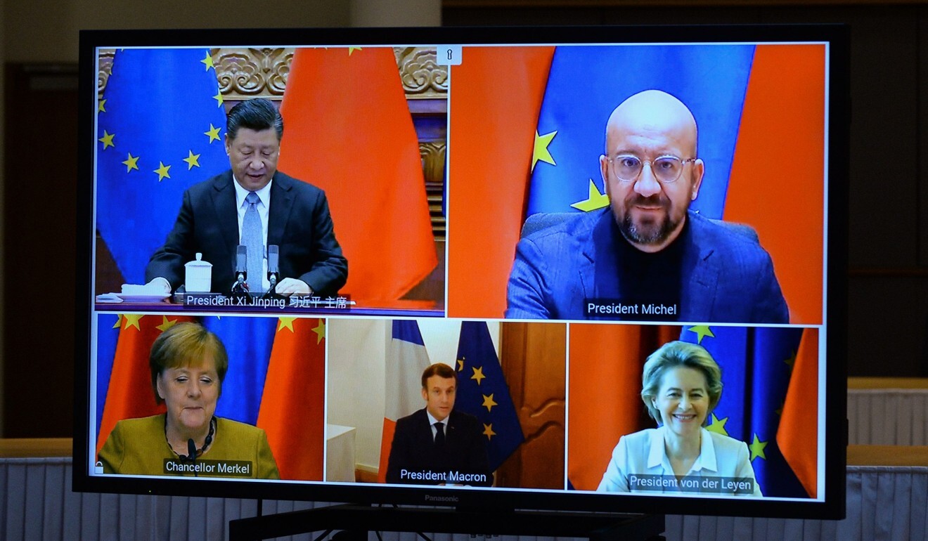 (Clockwise from top left) Chinese President Xi Jinping, European Council president Charles Michel, European Commission president Ursula von der Leyen, French President Emmanuel Macron and German Chancellor Angela Merkel take part in a video conference to approve an investment pact between China and the European Union on December 30. Photo: AFP
