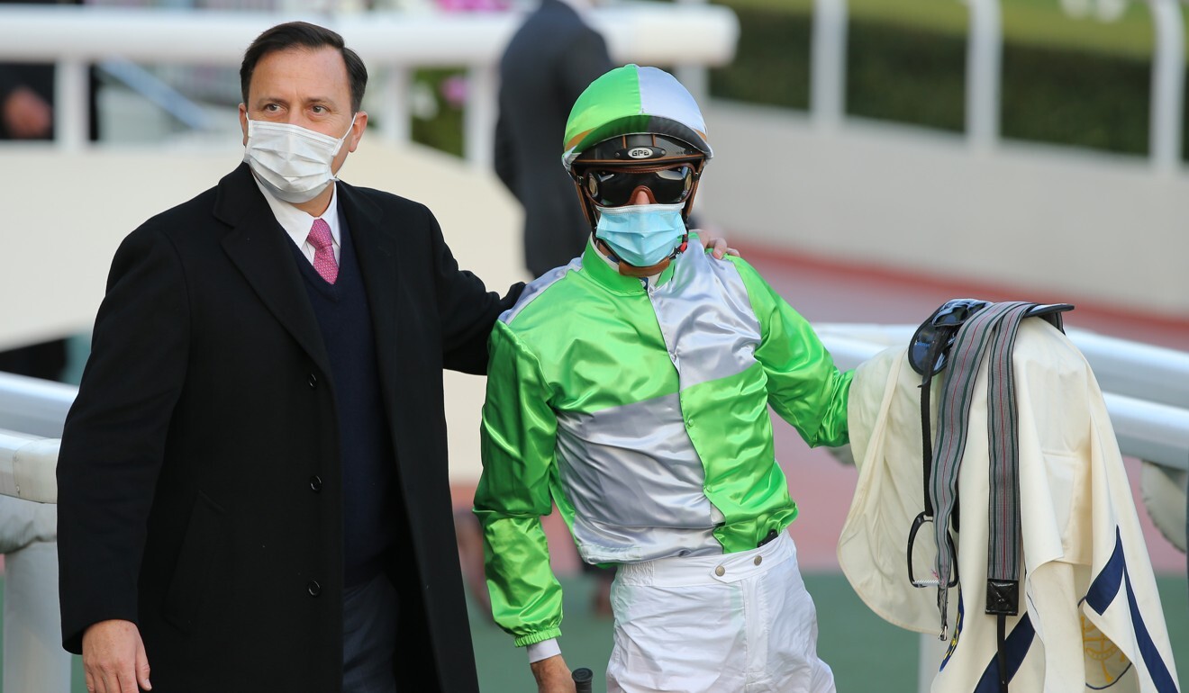 Caspar Fownes with jockey Christophe Soumillon after Royal Bomb’s win at Sha Tin on Friday.