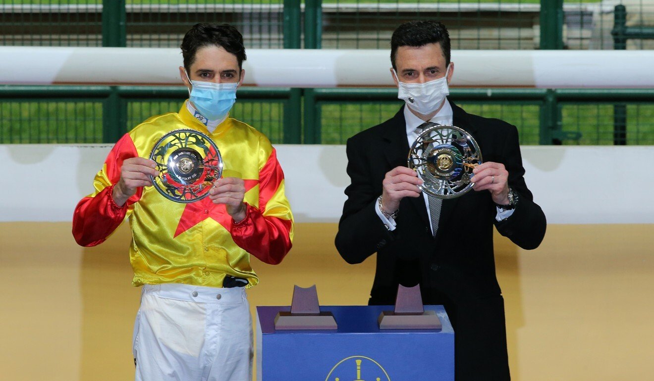 Christophe Soumillon and Douglas Whyte pose with the January Cup trophies.