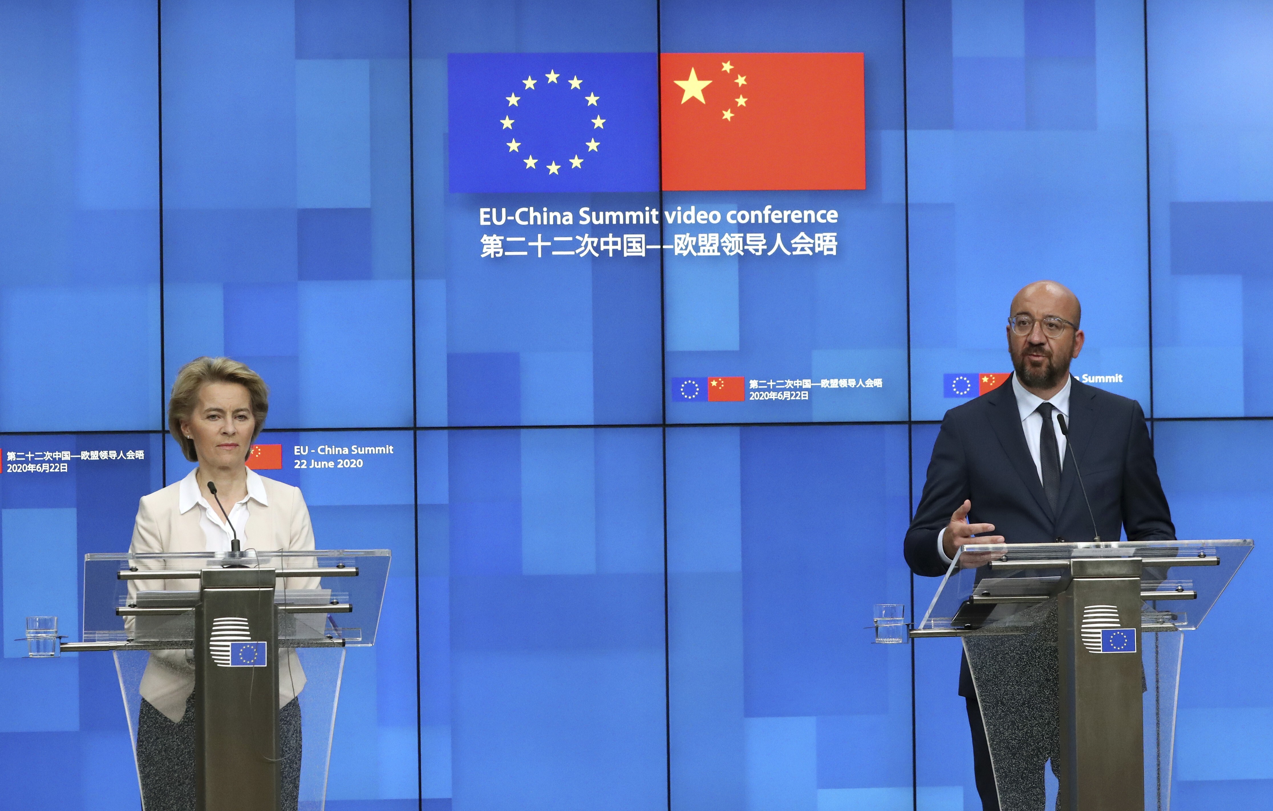 European Commission president Ursula von der Leyen and European Council president Charles Michel at a media conference at the conclusion of an EU-China summit, in video conference format, at the European Council in Brussels, on June 22, 2020. Photo: AP