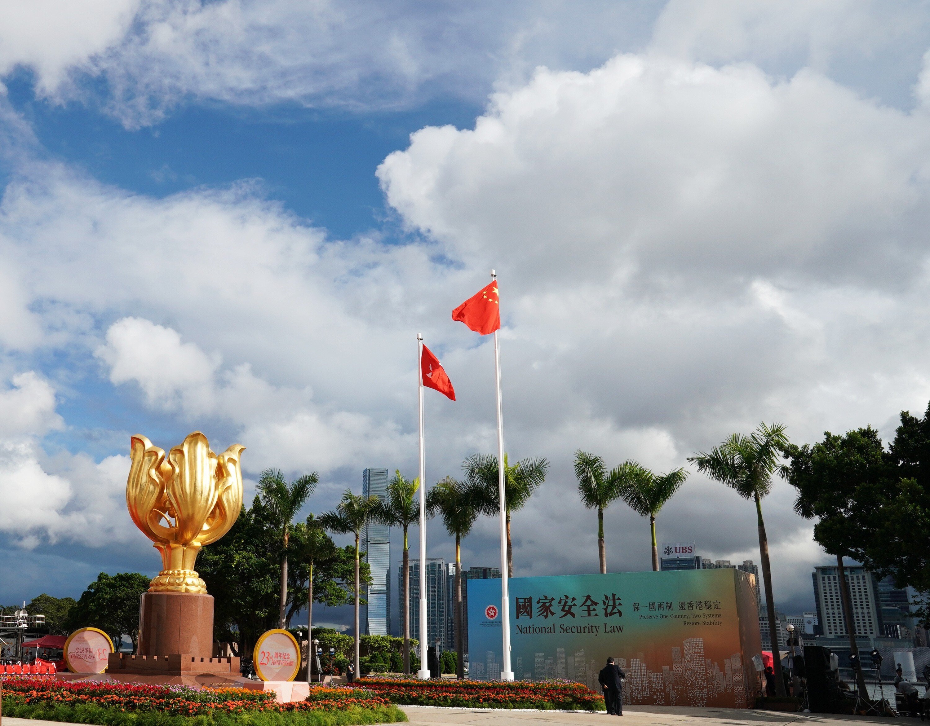The Golden Bauhinia Square in Hong Kong, seen on July 1 last year. Beijing imposed a national security law on Hong Kong on June 30, which some saw as marking the end of Hong Kong’s high degree of autonomy. Photo: Xinhua