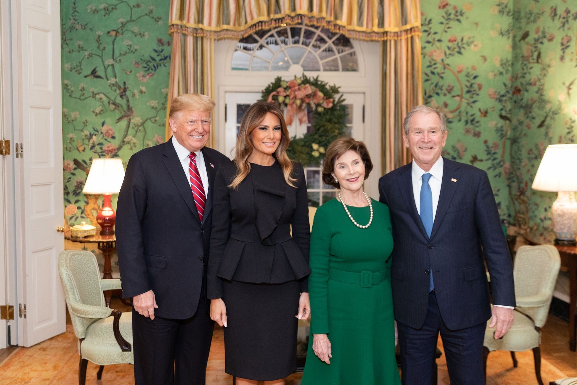 President Donald Trump and first lady Melania visit former President George W. Bush and former first lady Laura at Blair House in 2018. Photo: White House