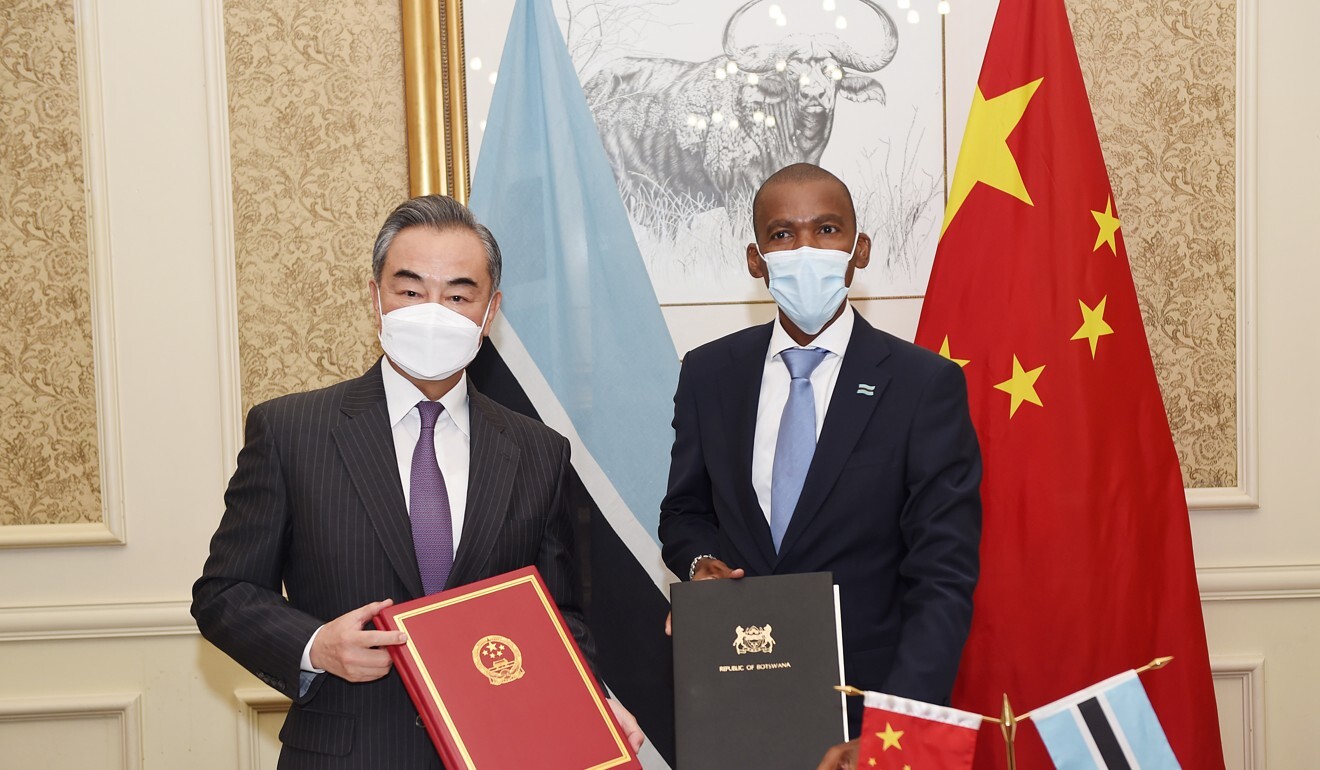Chinese Foreign Minister Wang Yi and his Botswana counterpart Lemogang Kwape at a signing ceremony for a memorandum of understanding on the Belt and Road Initiative. Photo: Xinhua
