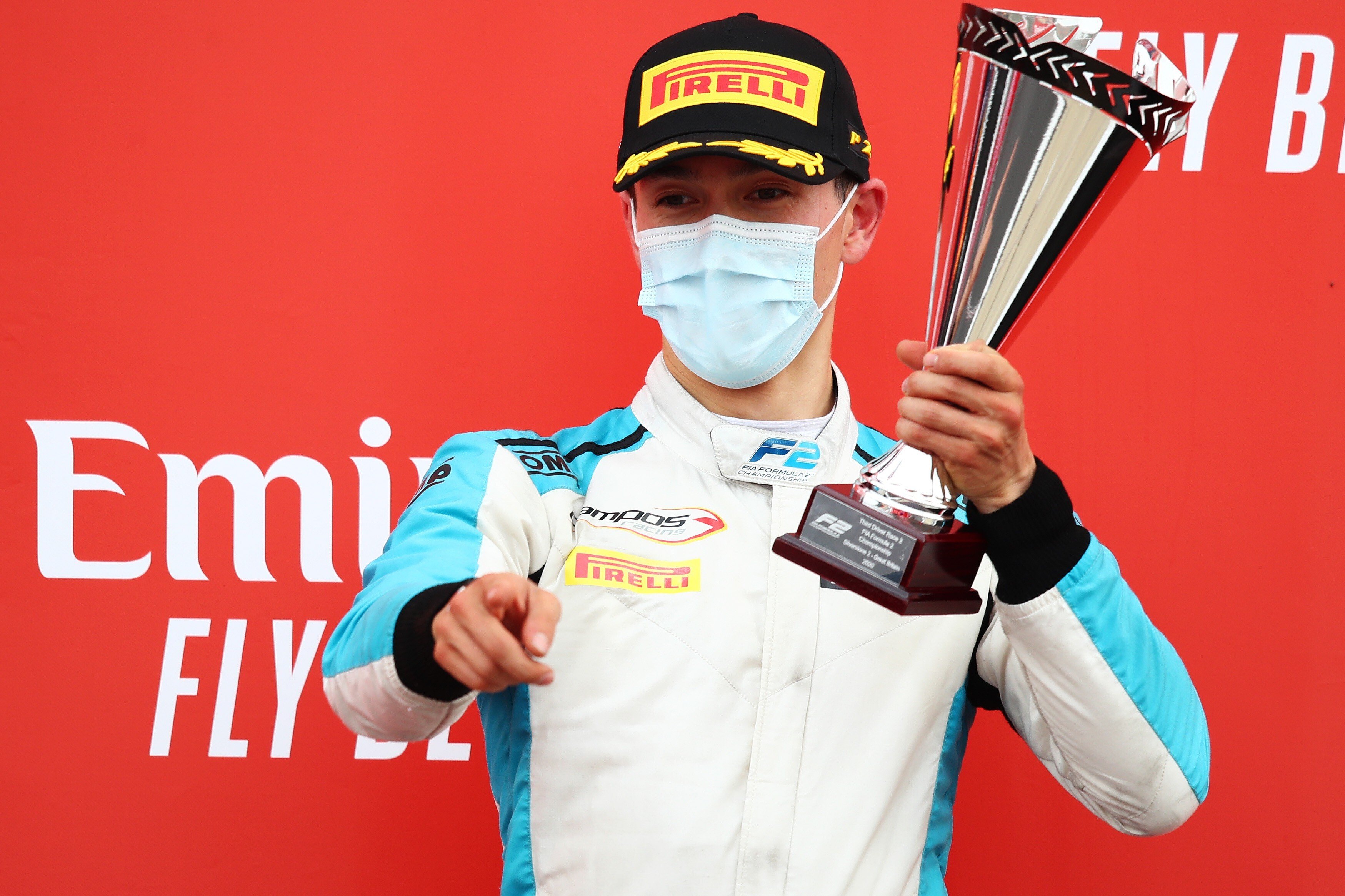 Jack Aitken celebrates on the podium after the sprint race of the Formula 2 Championship at Silverstone in August 2020. Photo: Joe Portlock - Formula 1/Formula 1 via Getty Images