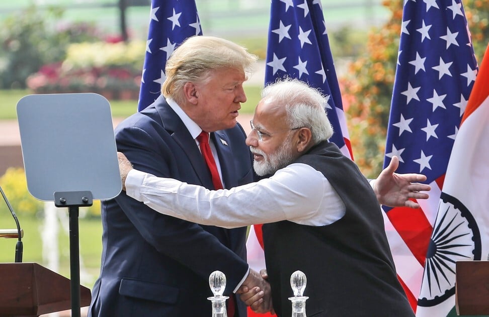 US President Donald Trump and Indian Prime Minister Narendra Modi in New Delhi, India in February. The two countries have bulked up their security alliance to counter China’s growing global influence. Photo: AP