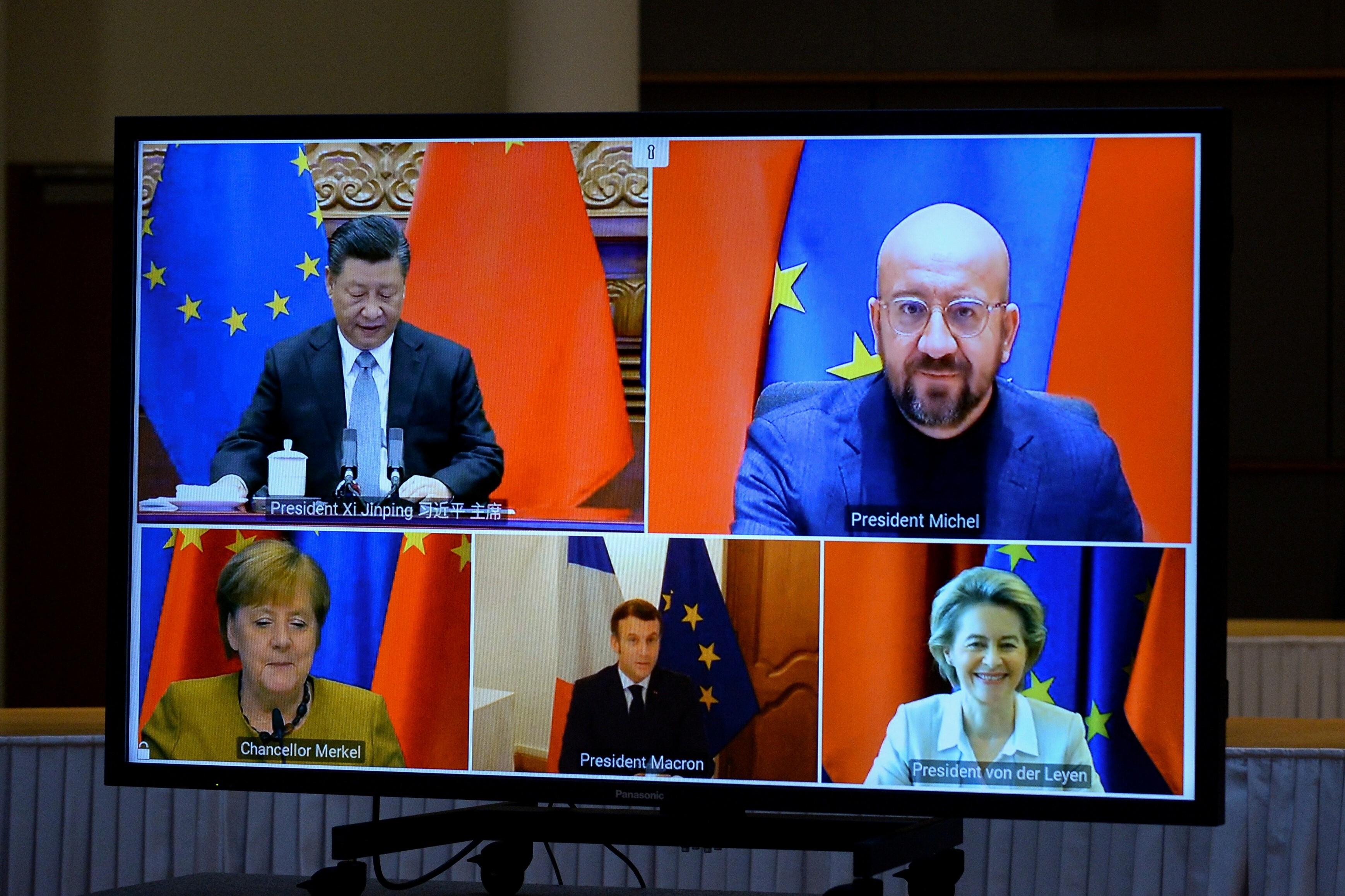 China and the EU reached in-principle agreement on an investment deal at a video conference call on December 30, attended by (from top left, clockwise) Chinese President Xi Jinping, European Council president Charles Michel, European Commission president Ursula von der Leyen, French President Emmanuel Macron and German Chancellor Angela Merkel. Photo: Reuters