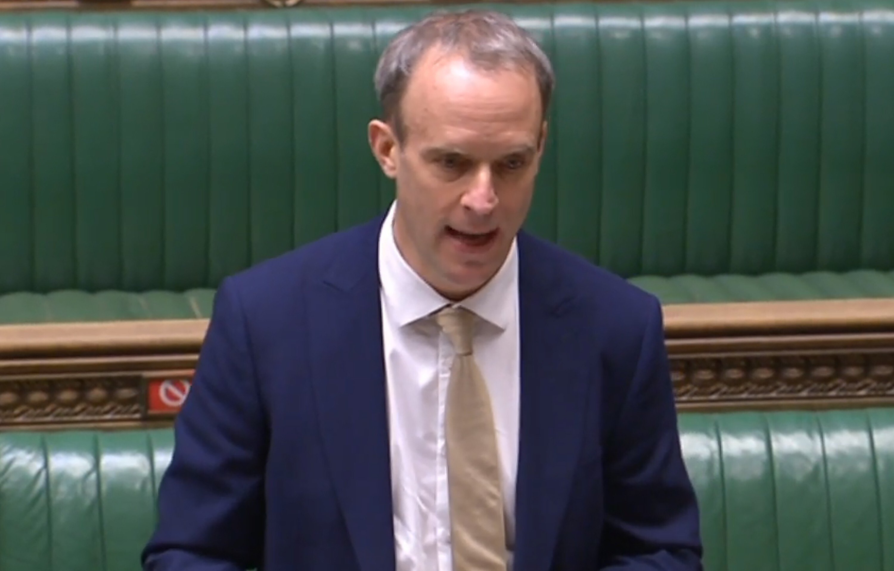 Britain's Foreign Secretary Dominic Raab discussing new trade measures in response to alleged Chinese human rights violations against its Uygur minority in a socially distanced session at the House of Commons in London on Tuesday. Photo: Parliamentary Recording Unit via AFP