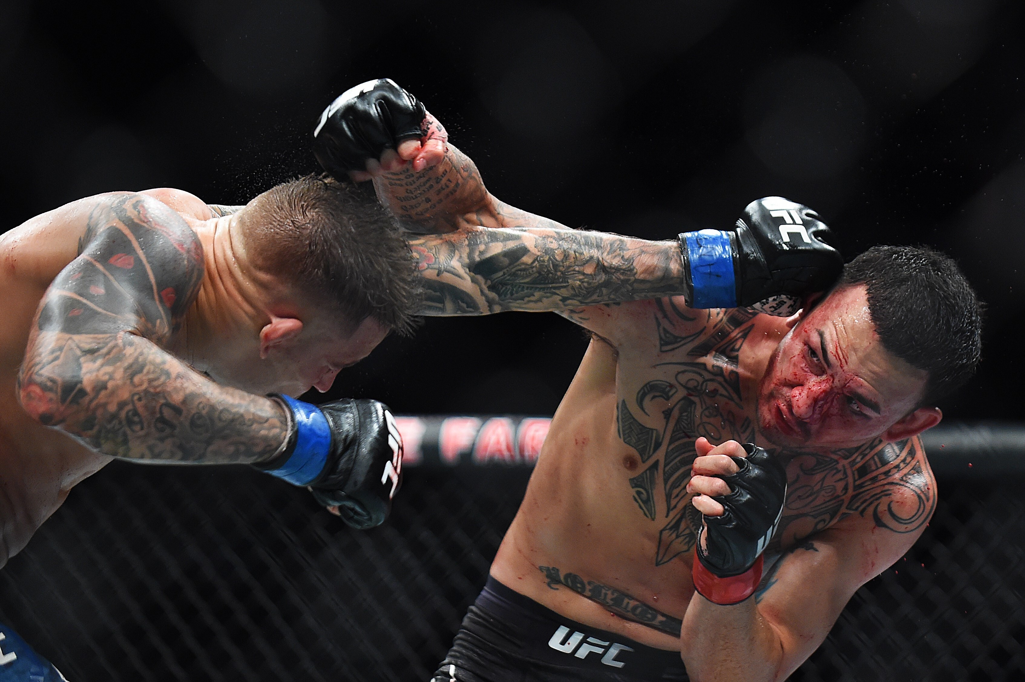 Max Holloway trading blows with Dustin Poirier at UFC 236. Photo: AFP