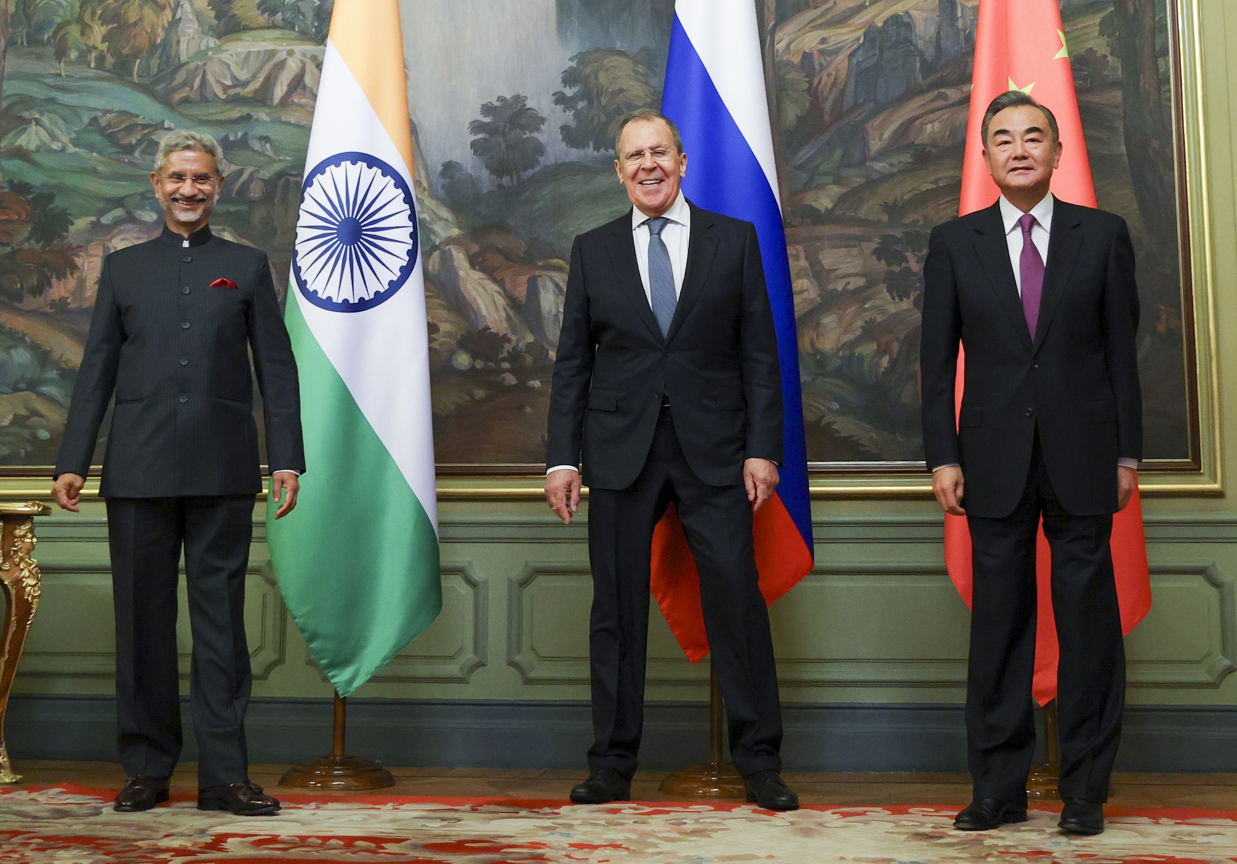 India’s Foreign Minister S. Jaishankar (from left), Russia’s Foreign Minister Sergey Lavrov and China’s Foreign Minister Wang Yi at a Shanghai Cooperation Organisation summit in Moscow on September 10. Photo: Russian Foreign Ministry Press Service via AP