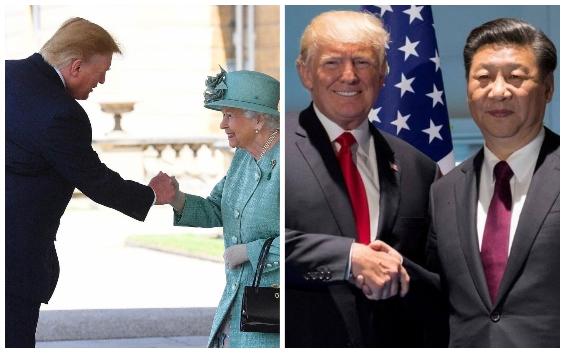Donald Trump with Queen Elizabeth and Xi Jinping. Photos: @theroyalfamily/Instagram, @HornedPoet/Twitter