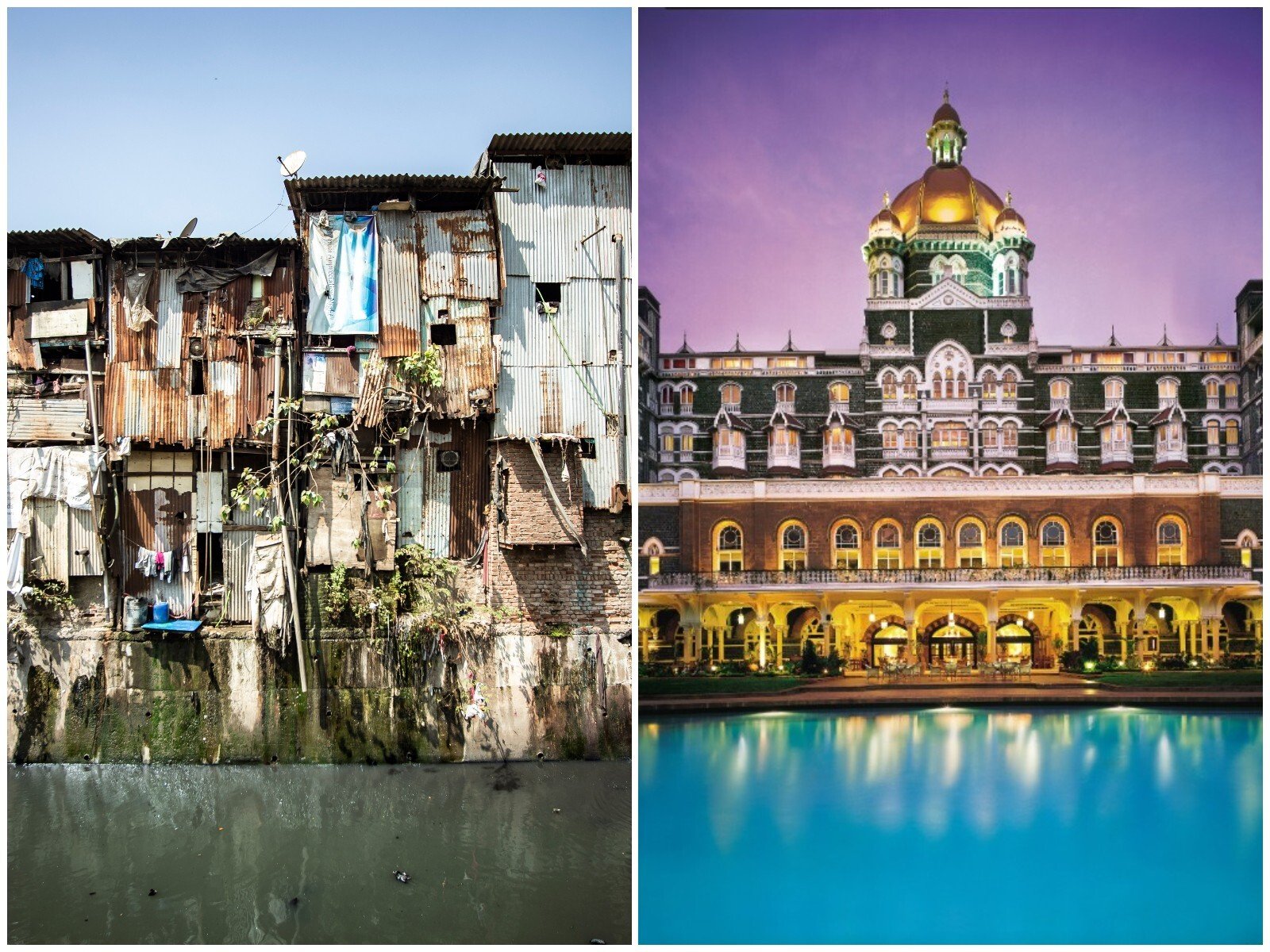The two sides of Mumbai: the Dharavi shantytown and the glamorous Taj Mahal Palace. Photo: AFP