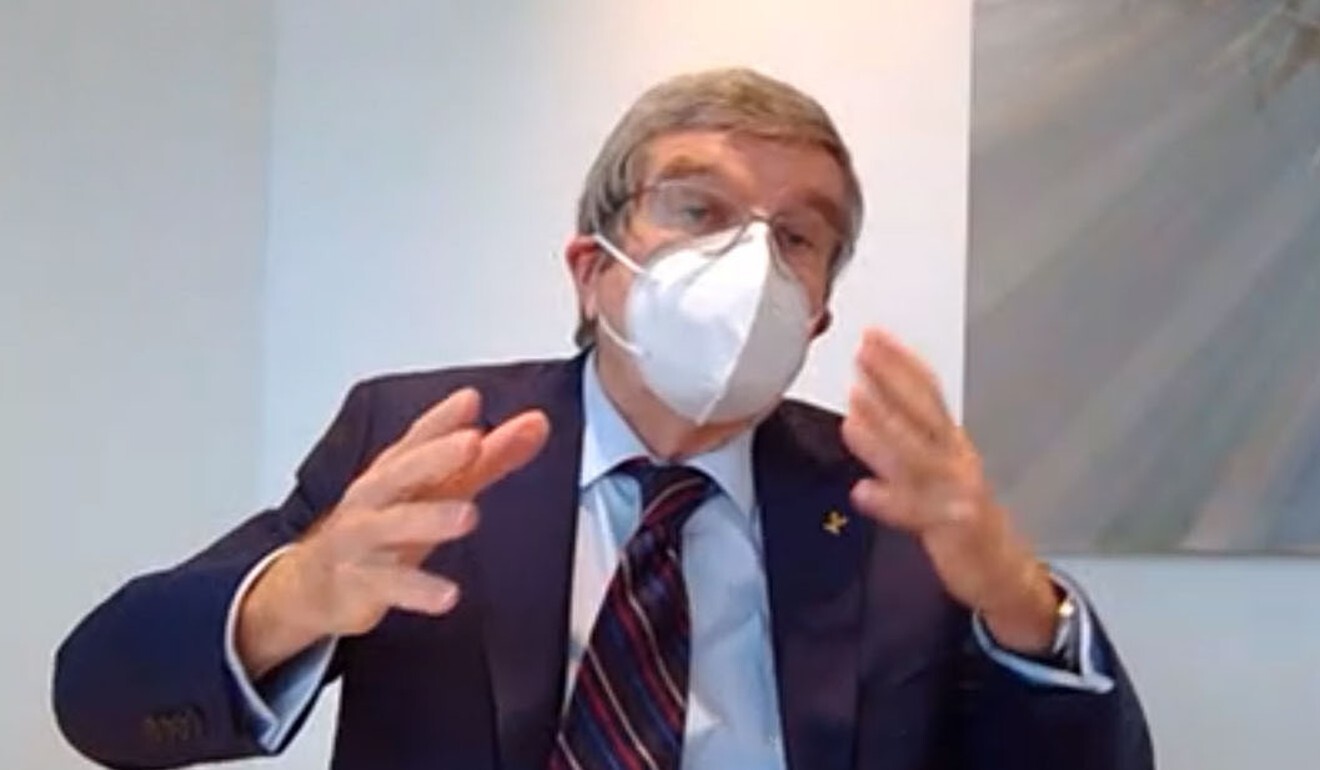 IOC chief Thomas Bach gives an online interview on Thursday. Photo: Kyodo