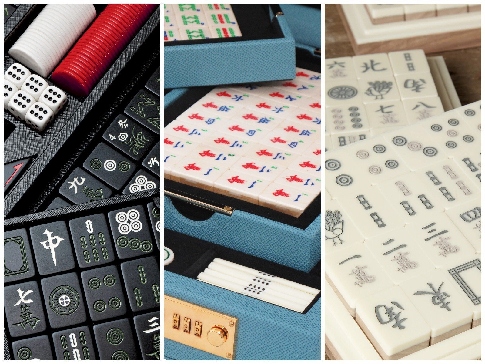 Prada, Geoffrey Parker and Brunello Cucinelli (L-R) have all added their own twist to these luxury mahjong sets. Photos: Handouts