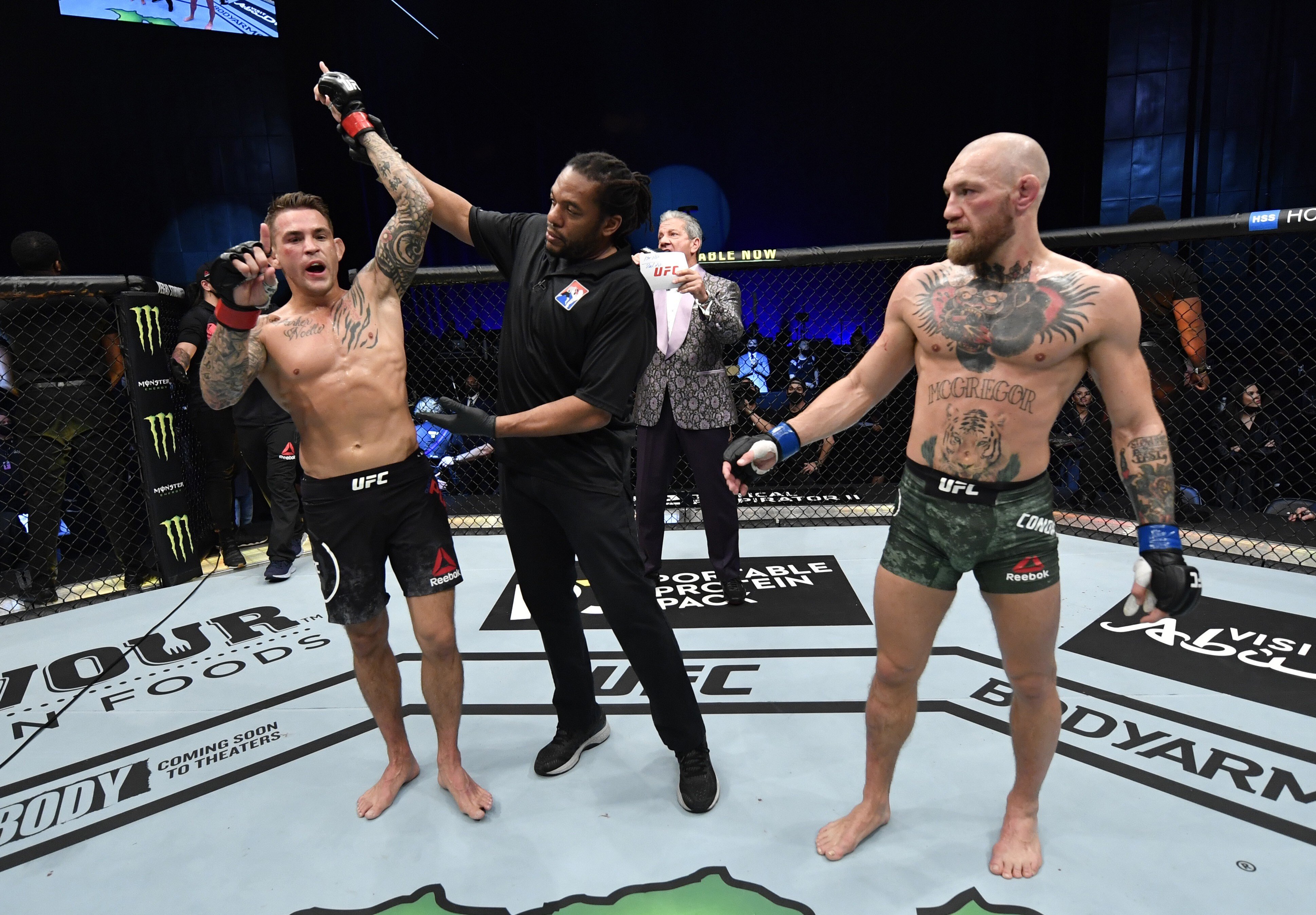 Dustin Poirier celebrates after his knockout victory over Conor McGregor at UFC 257. Photo: Jeff Bottari/Zuffa LLC